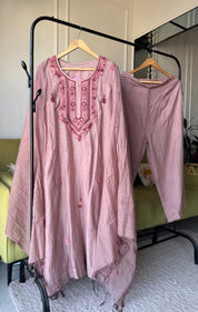 Rinkle Embroided Mul Chanderi Dress- Dusty Pink