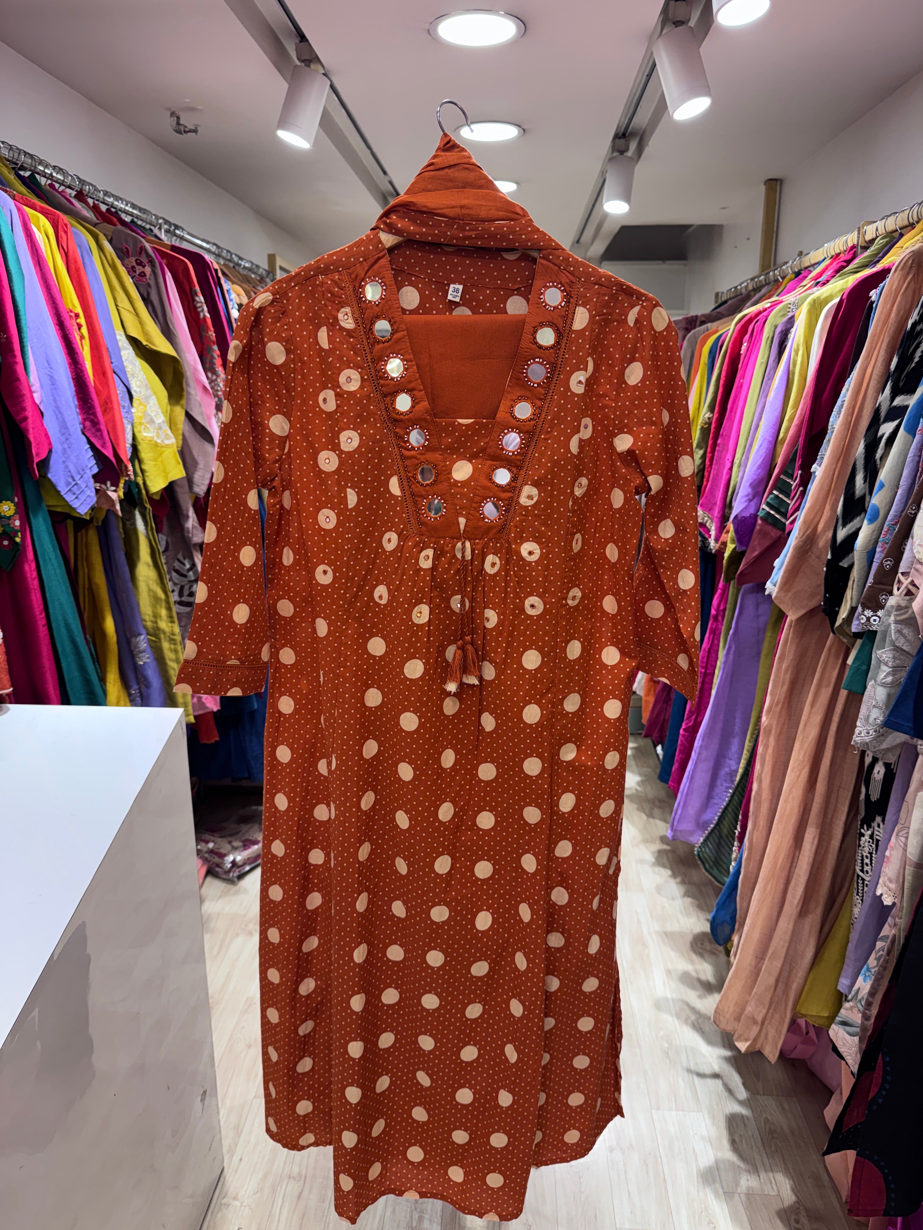 Pavithra Polka Dot Cotton Dress-Rust