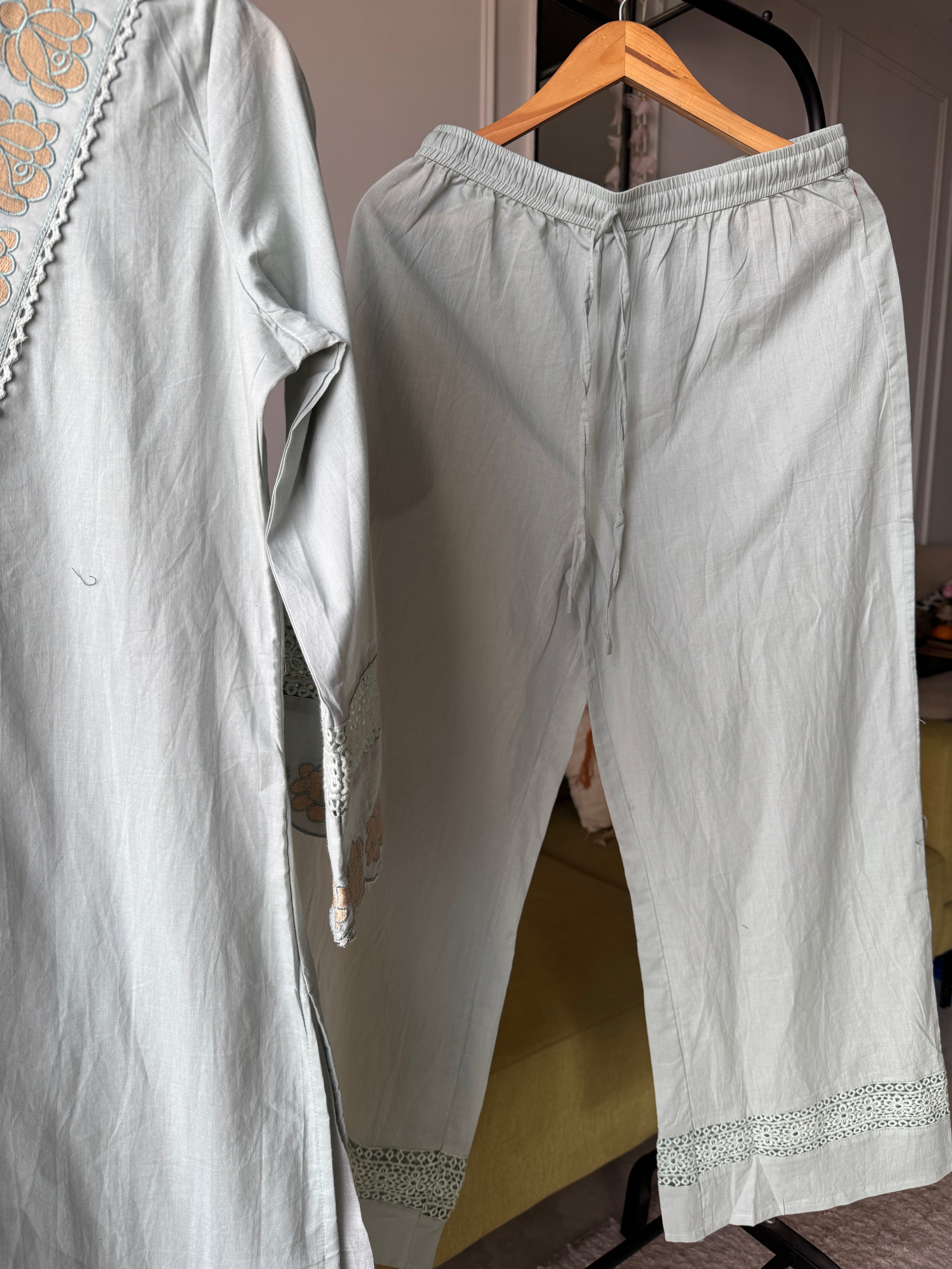 Monika Scalloped Neck Embroided Dress- Dusty Blue