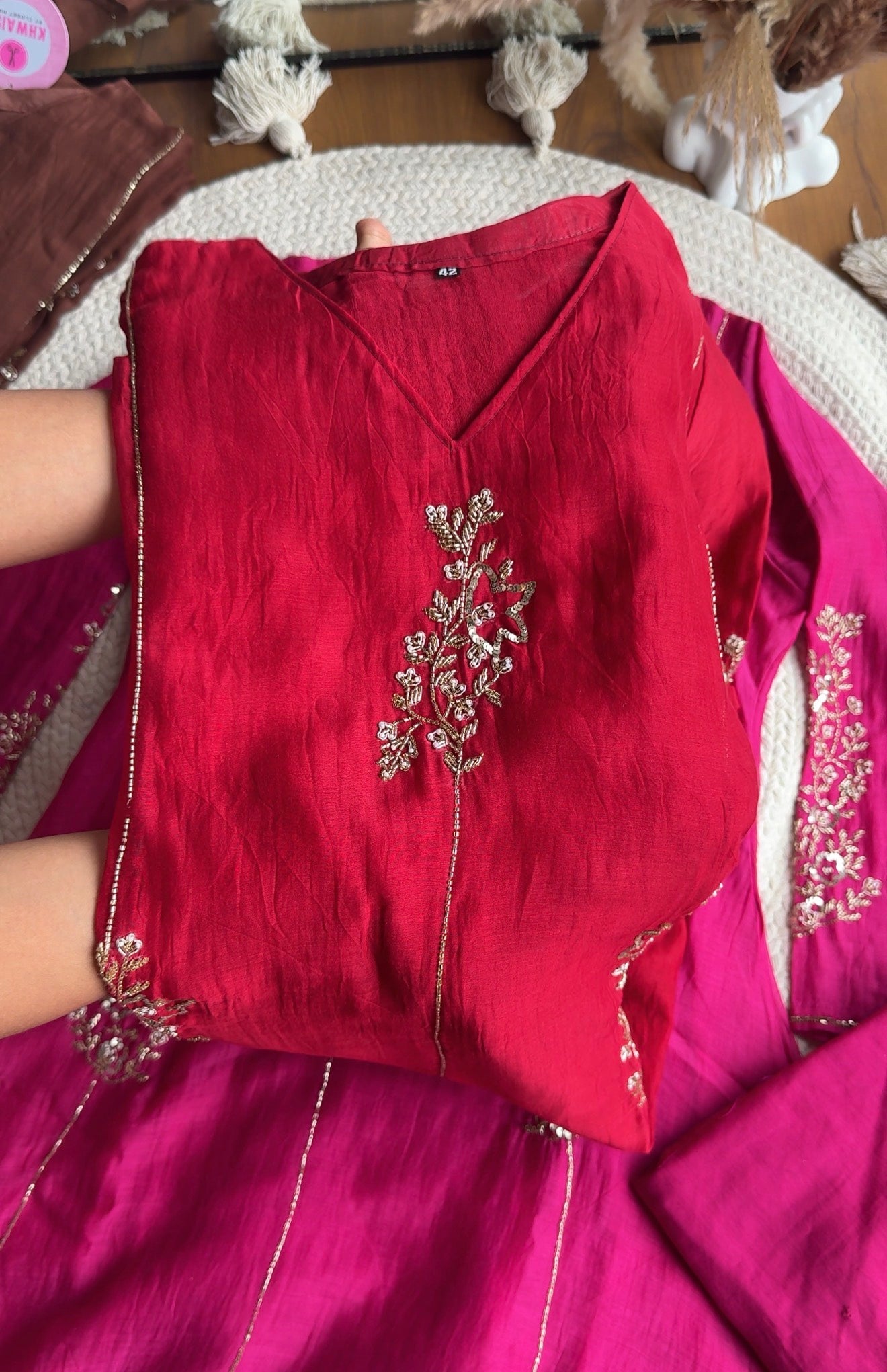 Shruti Handwork Mul Chanderi Dress - Red pre order 15 days