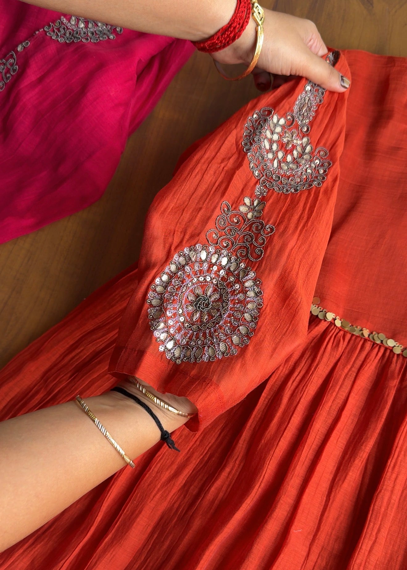 Reshma Handwork Round Neck Dress-Orange