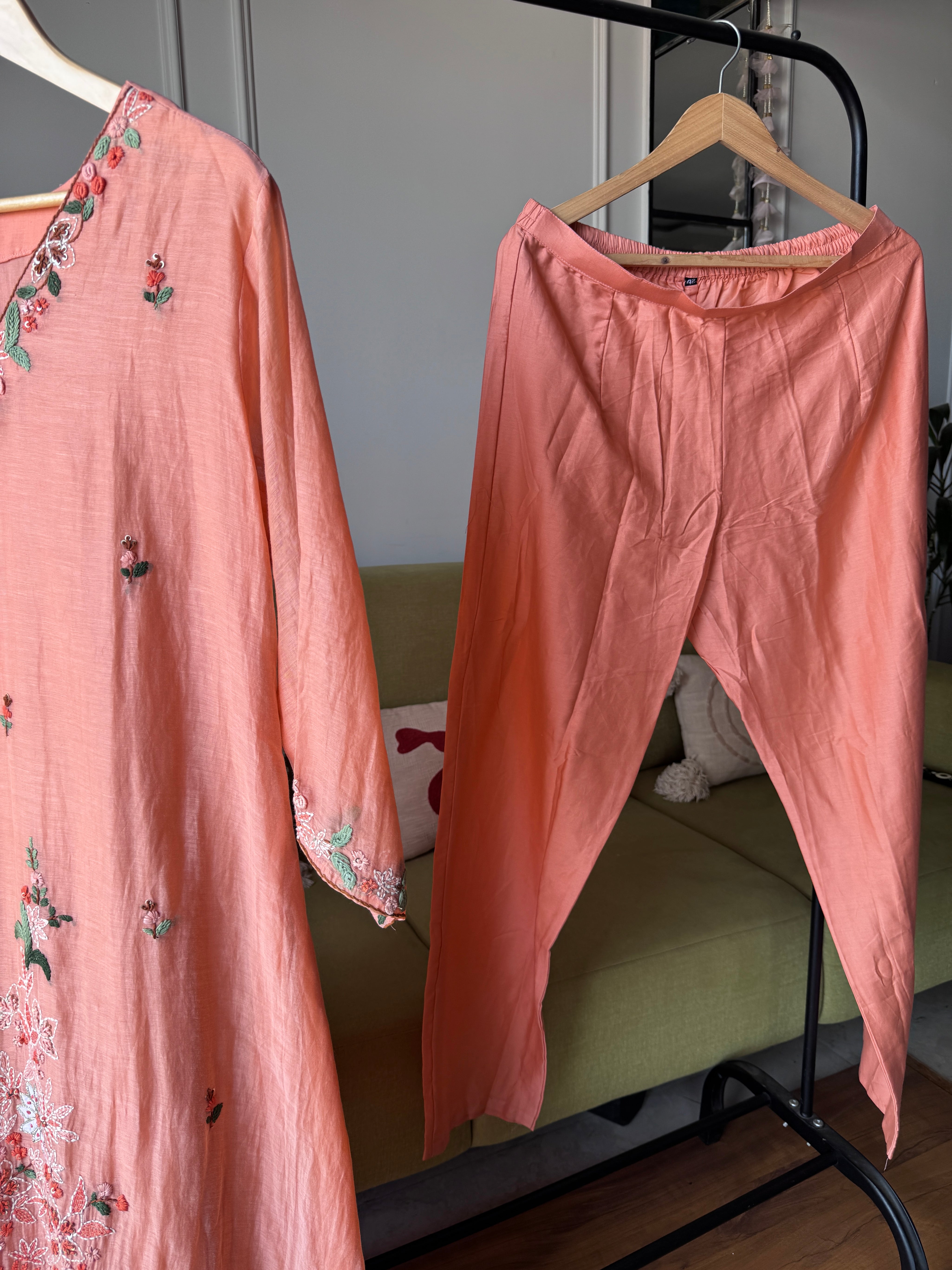 Apoorva Katha Work Mul Chanderi Dress- Peach (Make to Order)