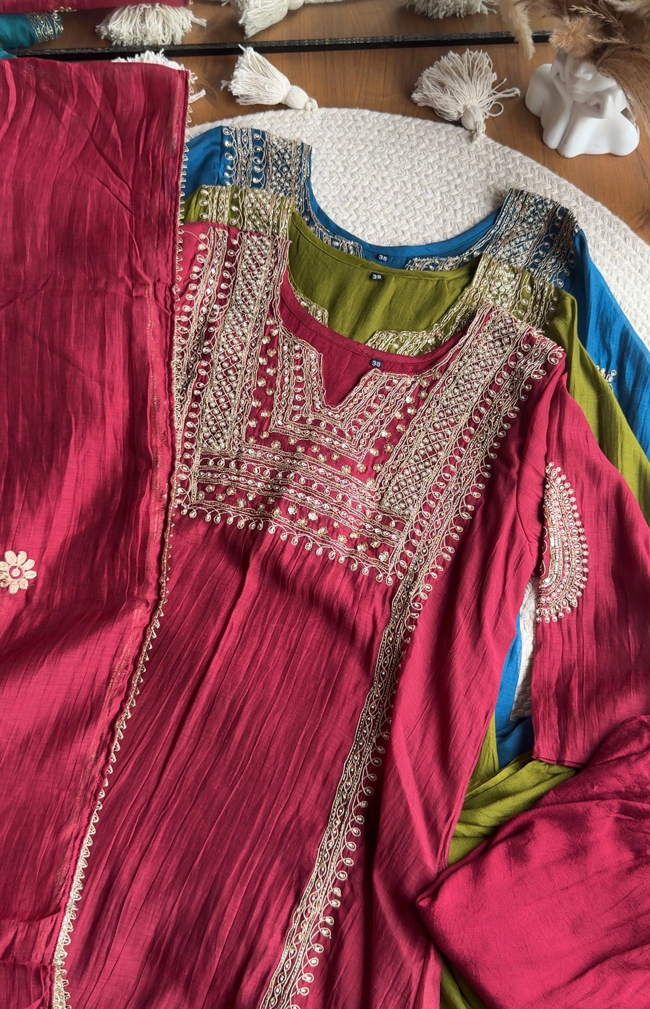 Twinkle Hand Work Mul Chanderi Dress- Maroon