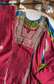 Twinkle Hand Work Mul Chanderi Dress- Maroon