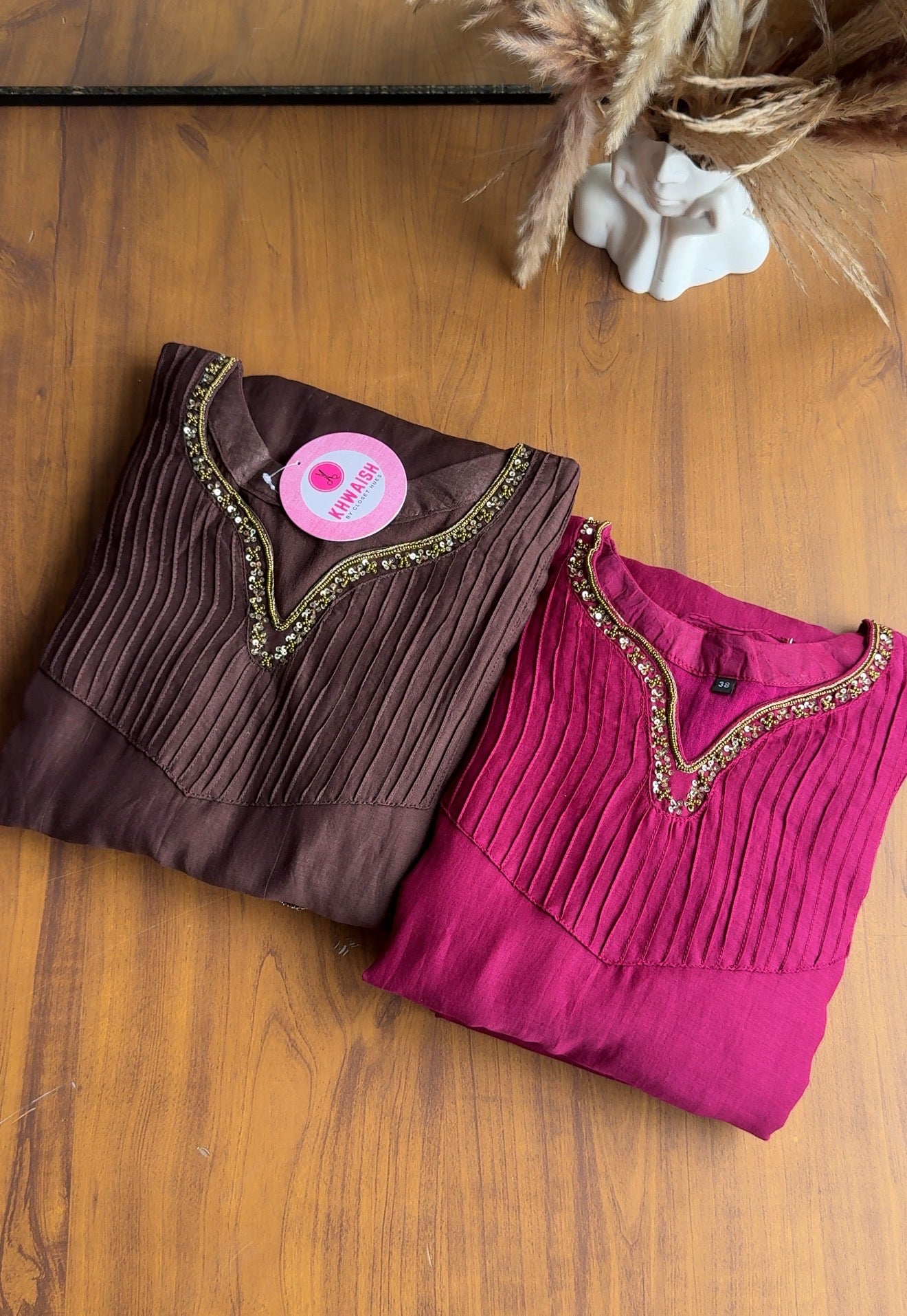 Dimple Pleated Yoke Aline Hand Work Dress- Brown 🤎
