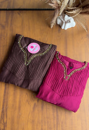 Dimple Pleated Yoke Aline Hand Work Dress- Brown 🤎