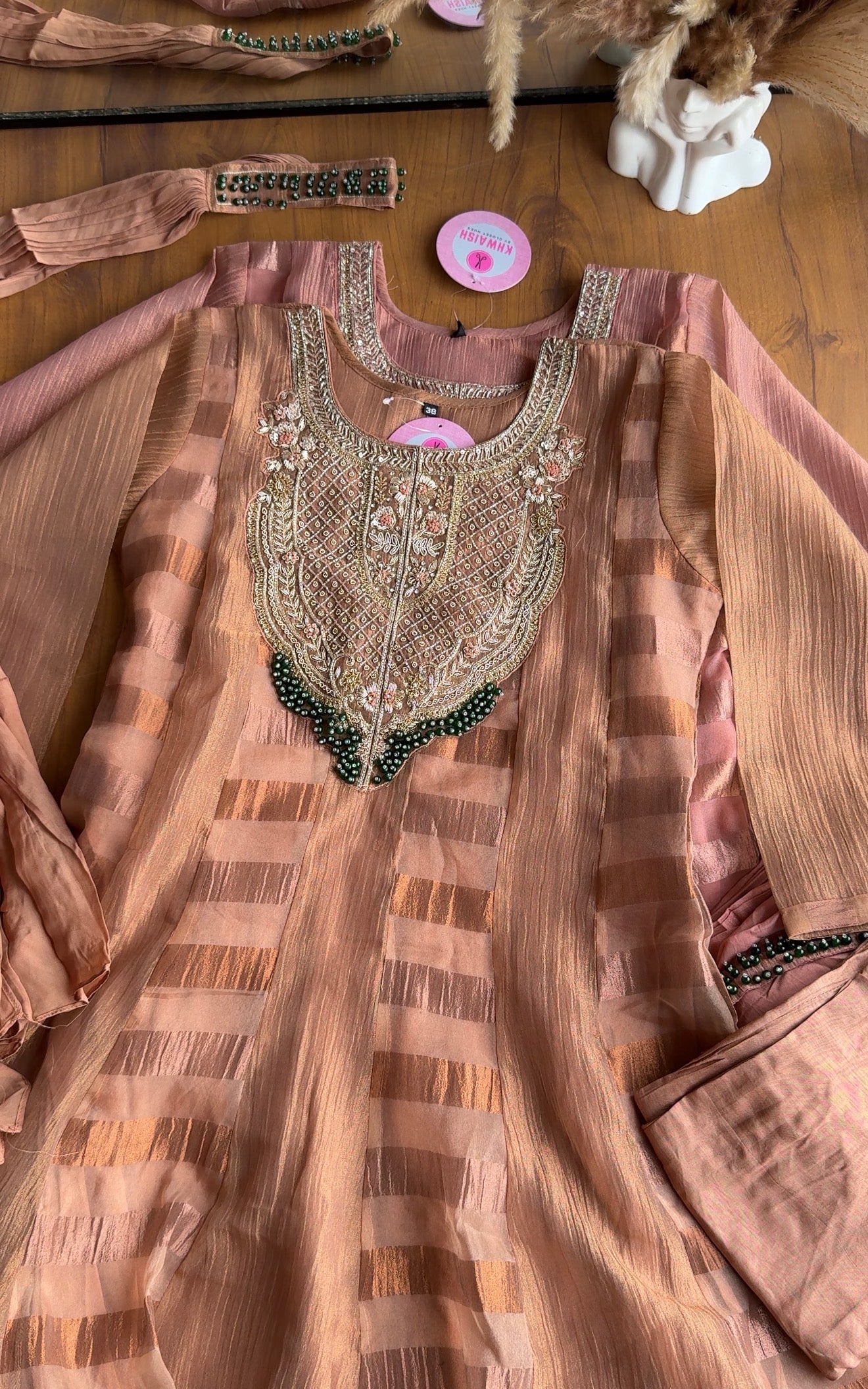 Mahi Emerald Yoke Tissue Dress-Peach