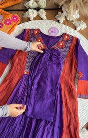 Saili Contrast Panel Mul Chanderi Dress-Purple With Rust