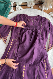 Vrutti lotus appliqué and cutwork aline dress- Wine
