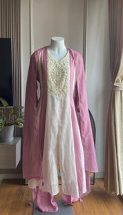 Fatima hand work dual tone dress- Baby pink and White
