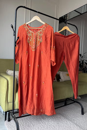Shilpa Embroided Mul Chanderi Dress-Rust