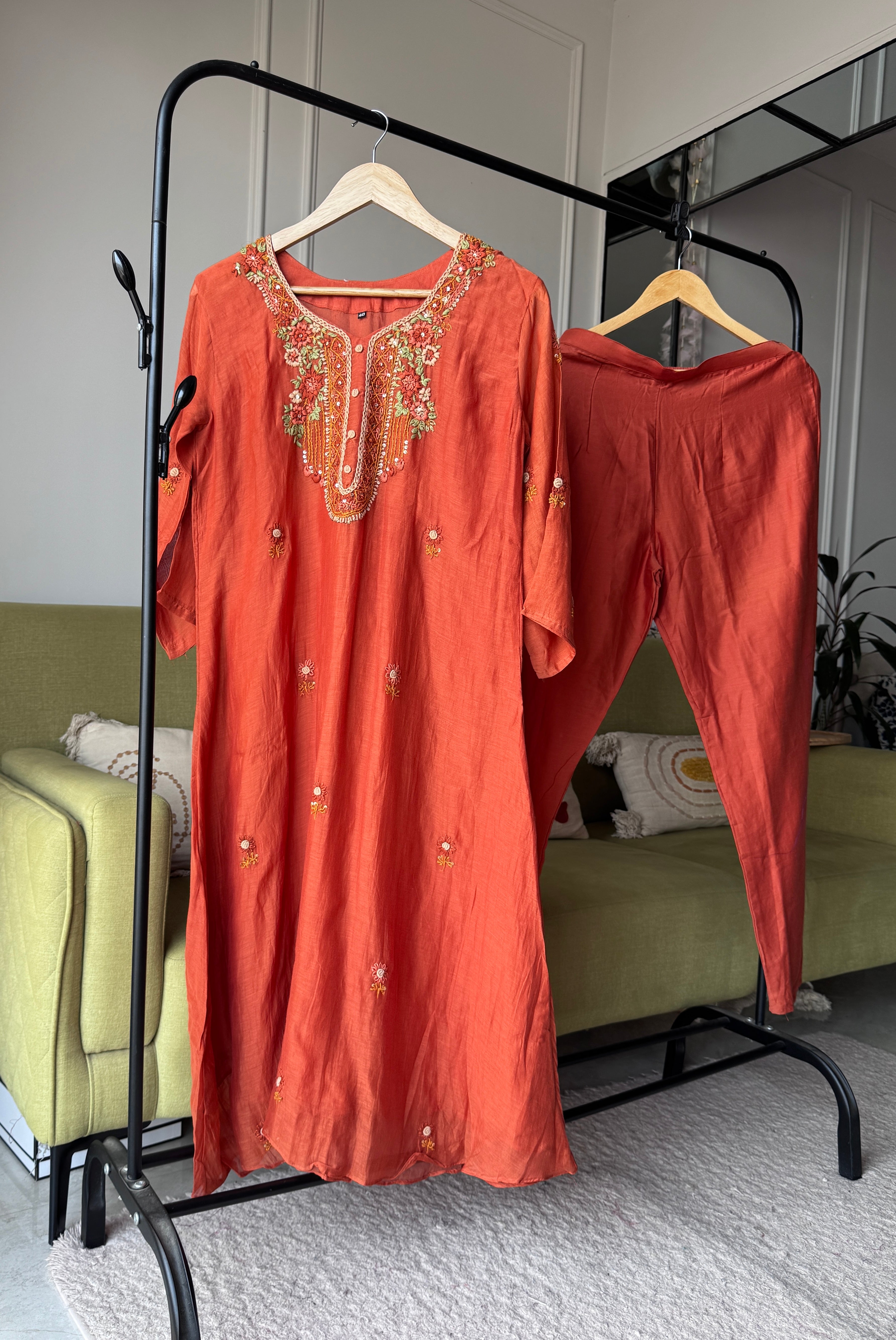 Shilpa Embroided Mul Chanderi Dress-Rust