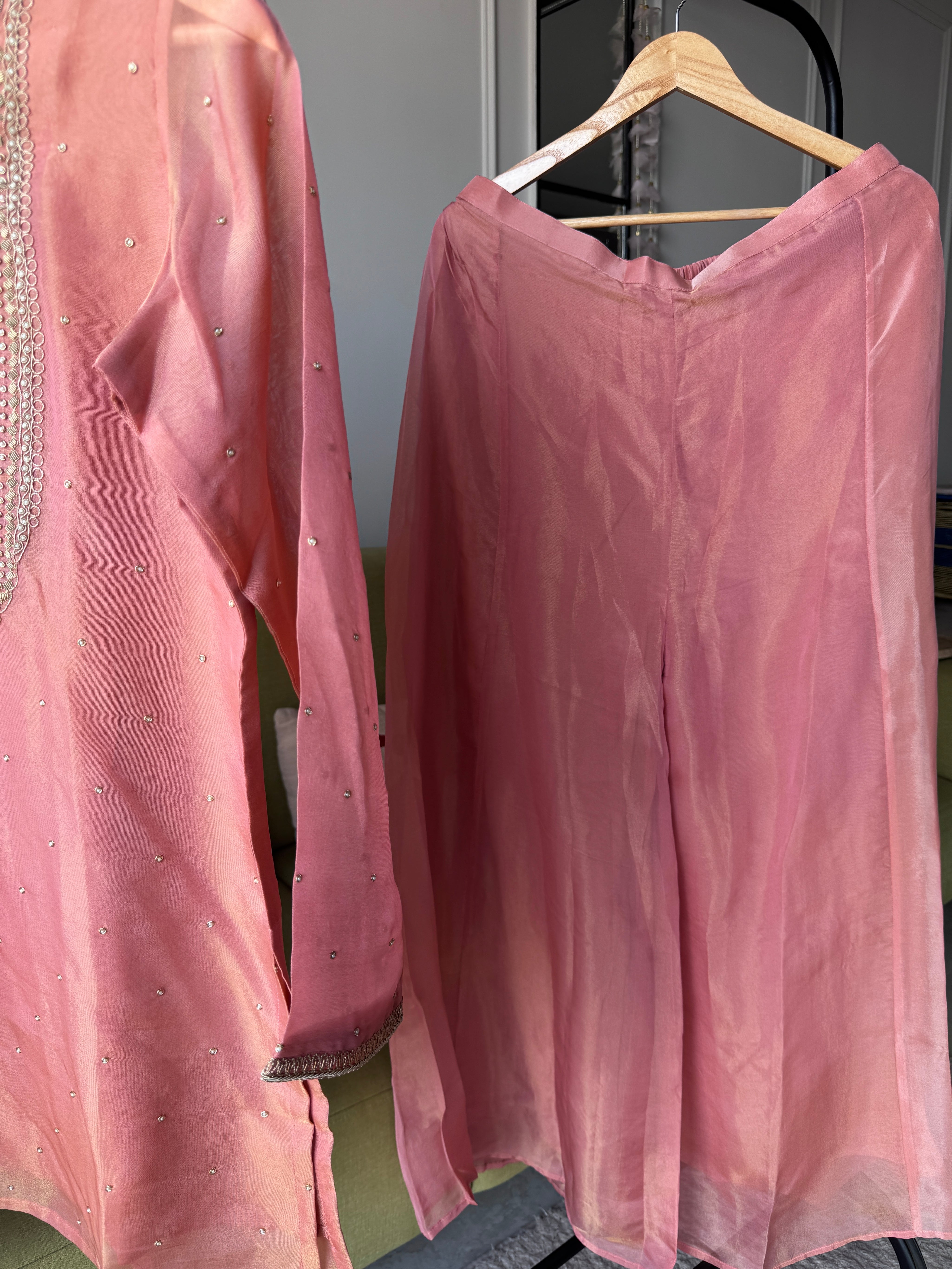 Apurva Handwork Zardoshi Work Plazzo Set- Peach (Make To Order)