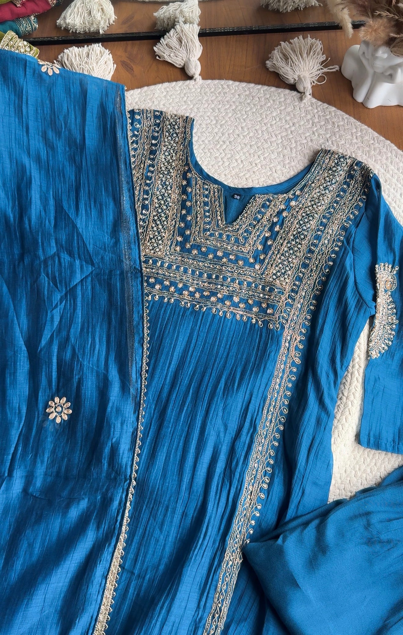 Twinkle Hand Work Mul Chanderi Dress- Blue