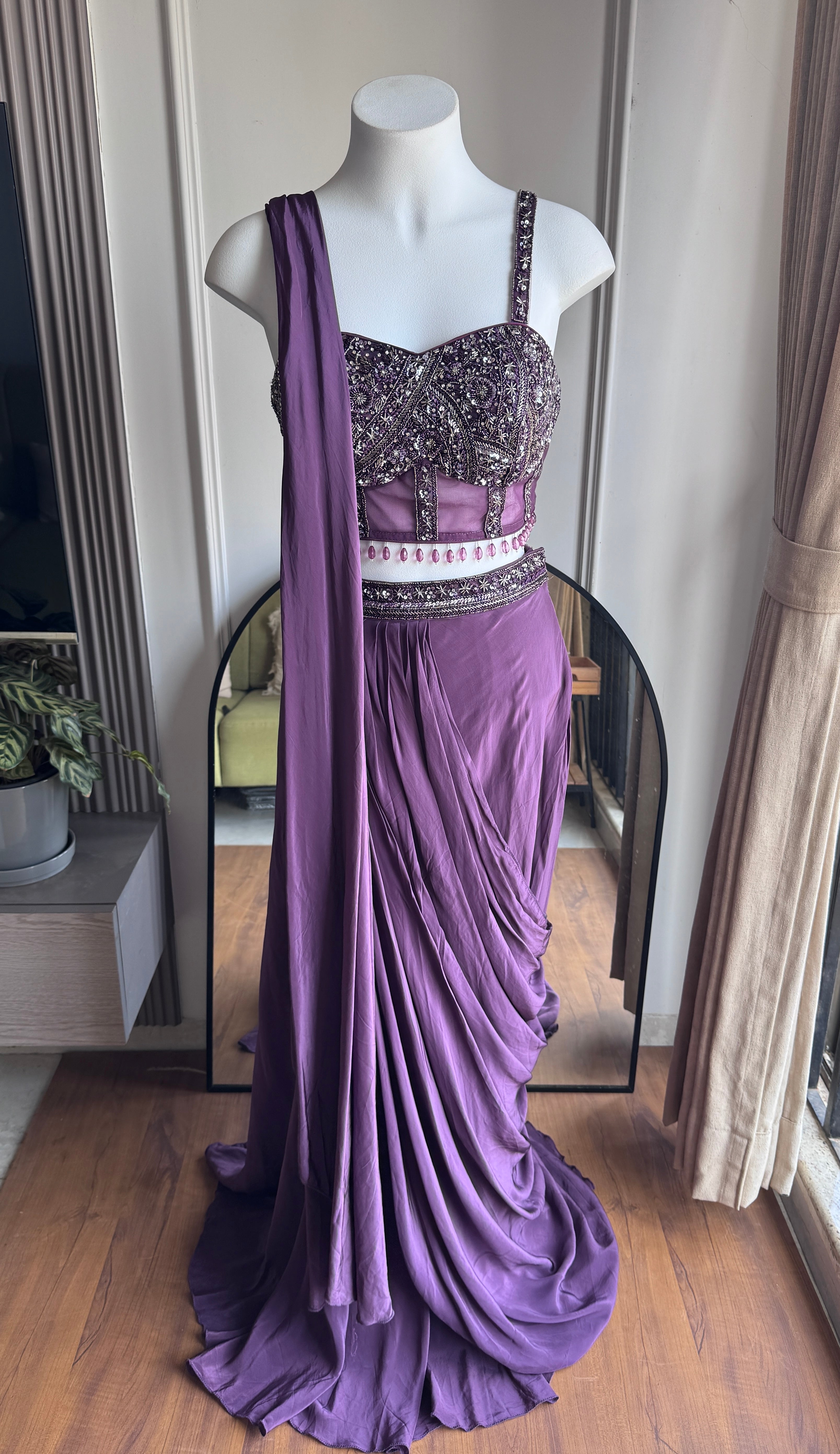 Lata Handwork Drape Saree Set- Wine