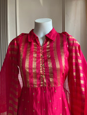 Sneha Stripe Collar Neck Mul Chanderi Dress- Pink