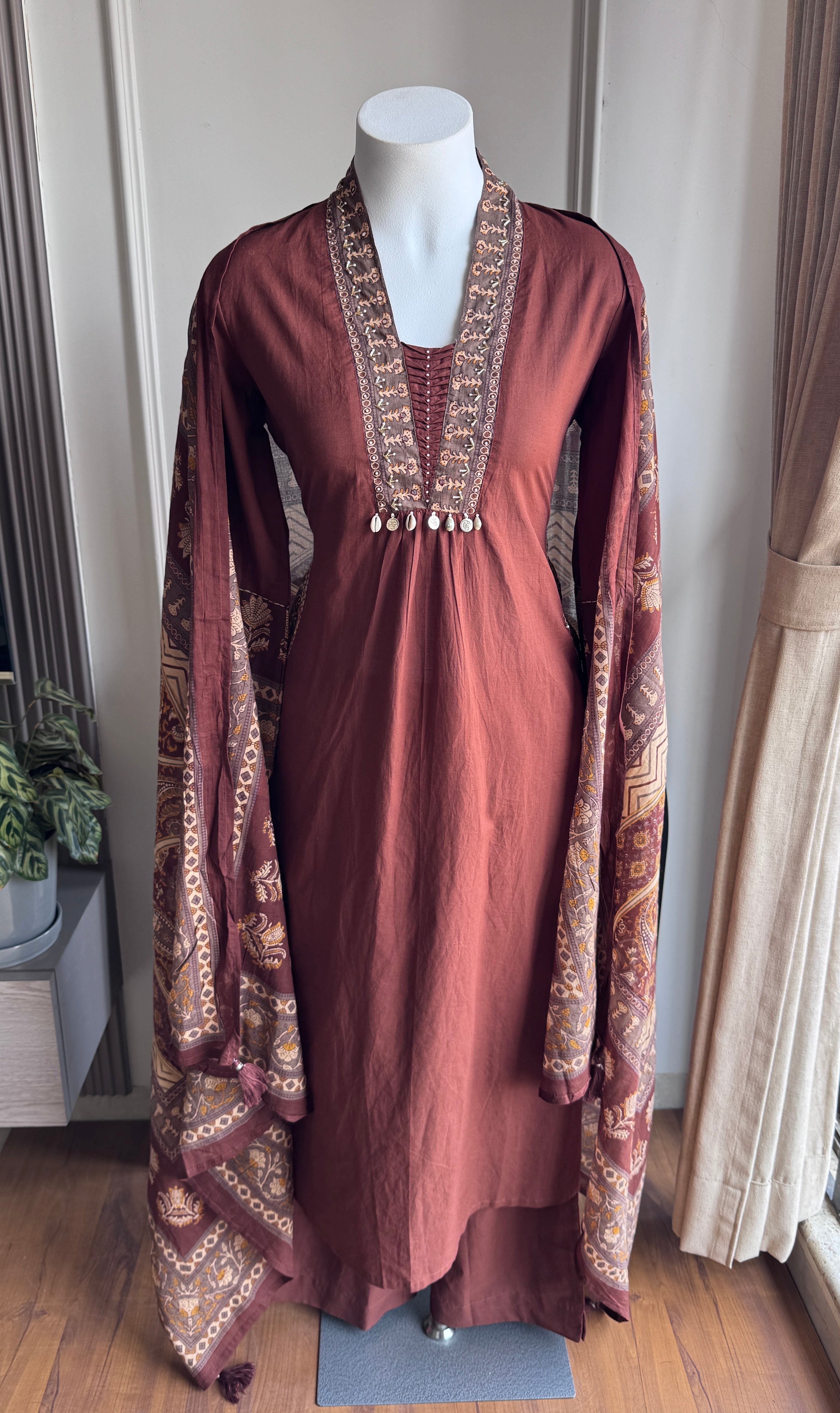 Pamela Embroidery Cotton Dress - Brown
