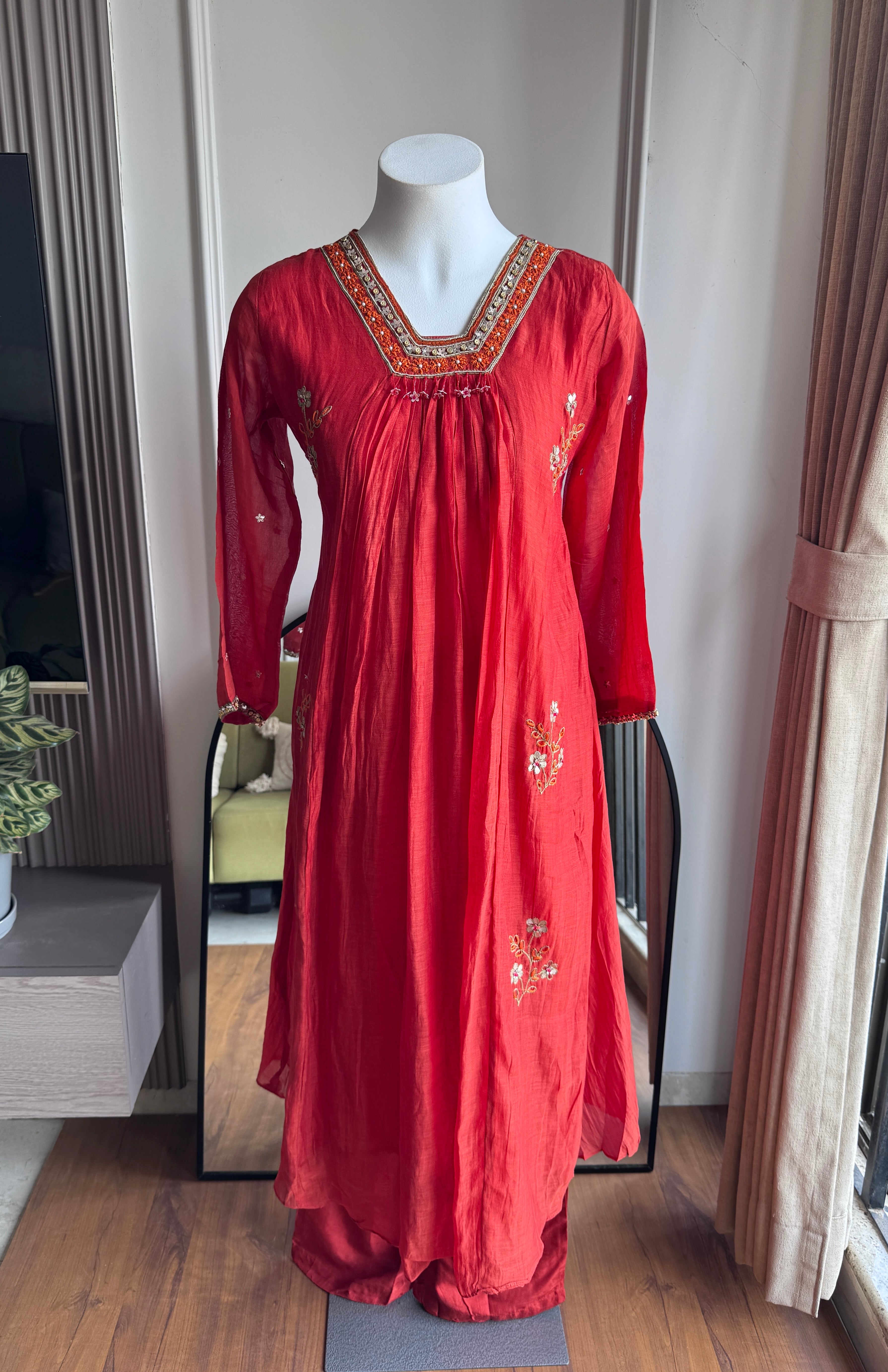 Nishtha Handwork Mul Chanderi Aline Dress- Rust