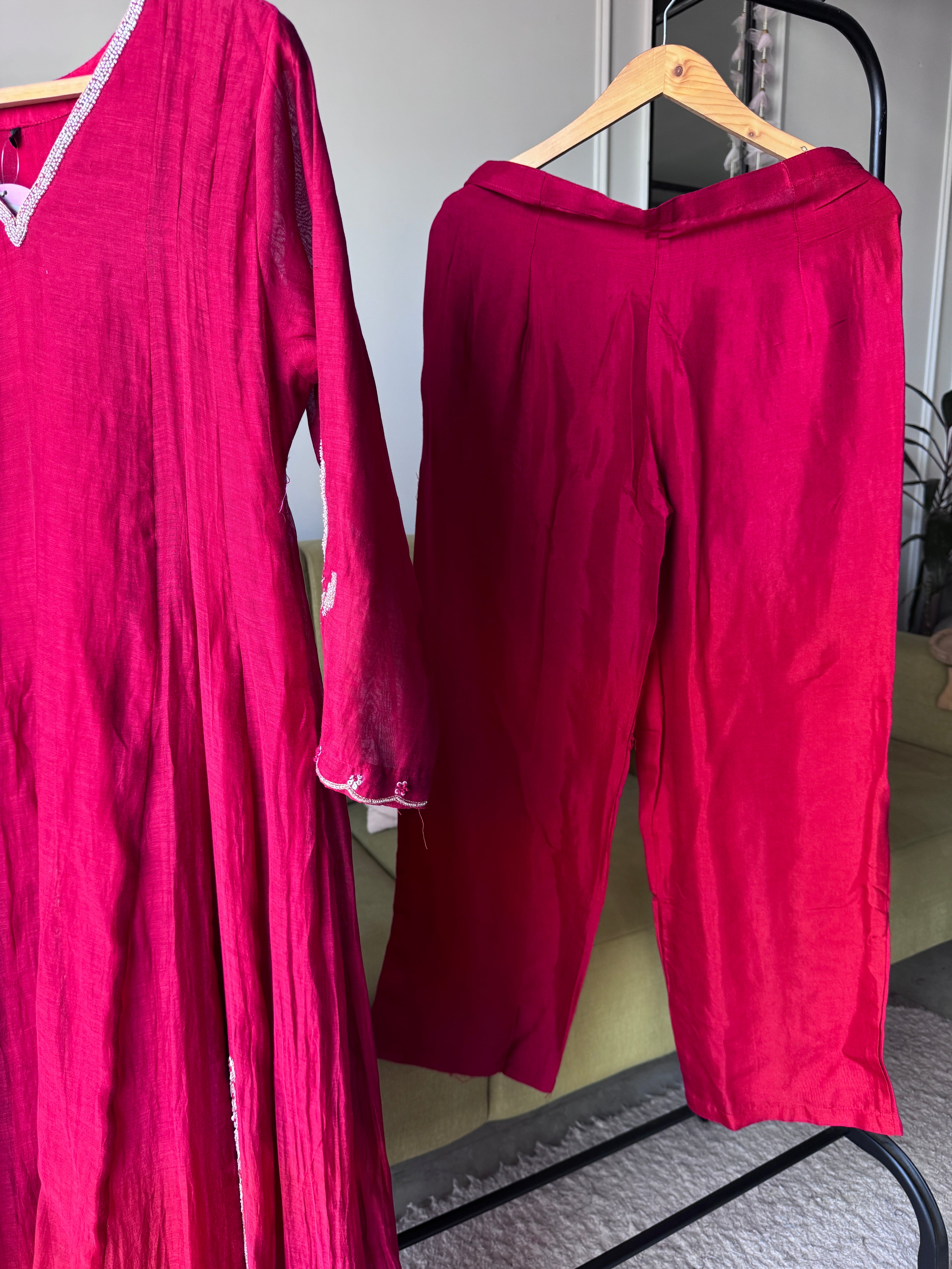 Naina Handwork Mul Chanderi Dress- Maroon