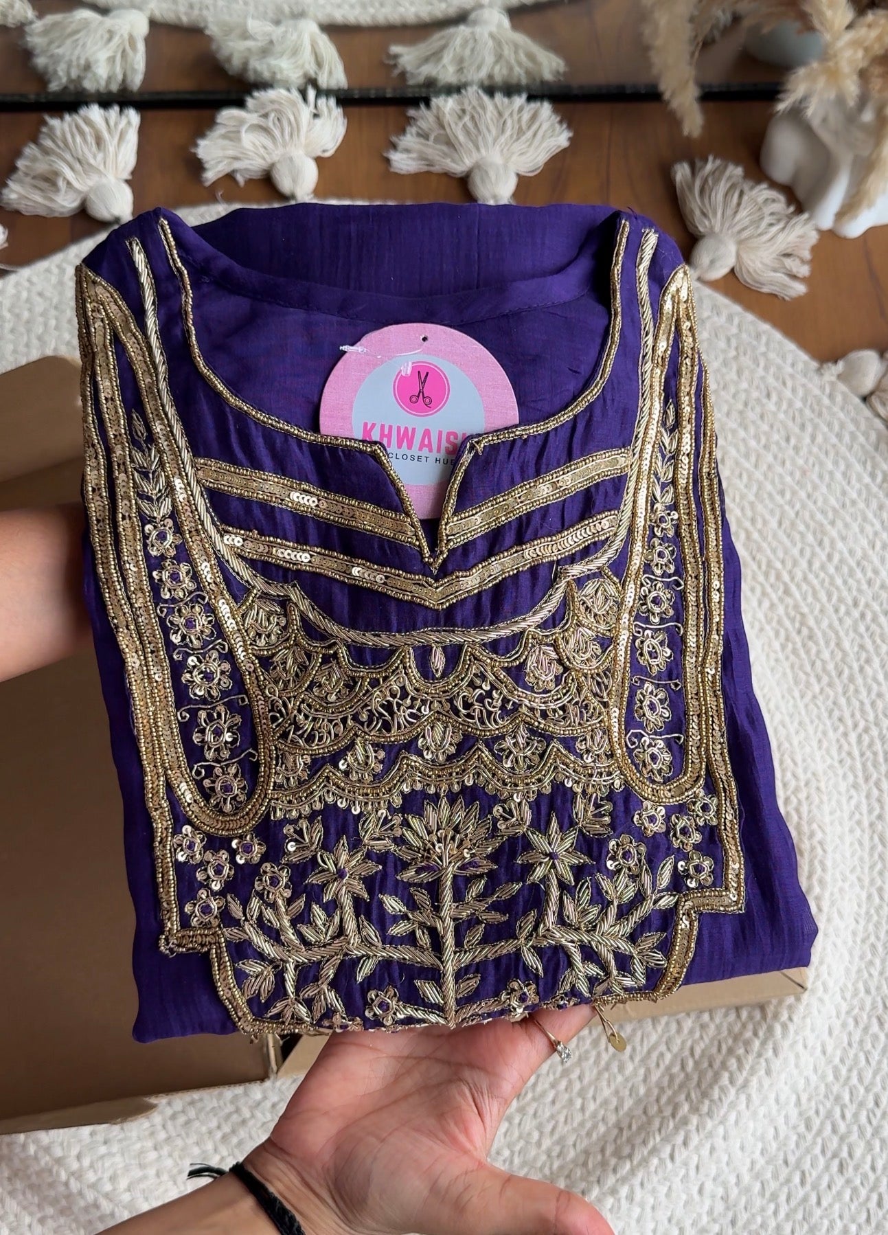 Simran Hand Zardosi Tissue And Mul Chanderi Aline Dress- Purple