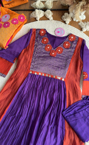 Saili Contrast Panel Mul Chanderi Dress-Purple With Rust