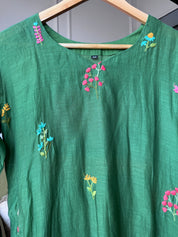 Siya Floral Embroided Mul Chanderi Dress- Green