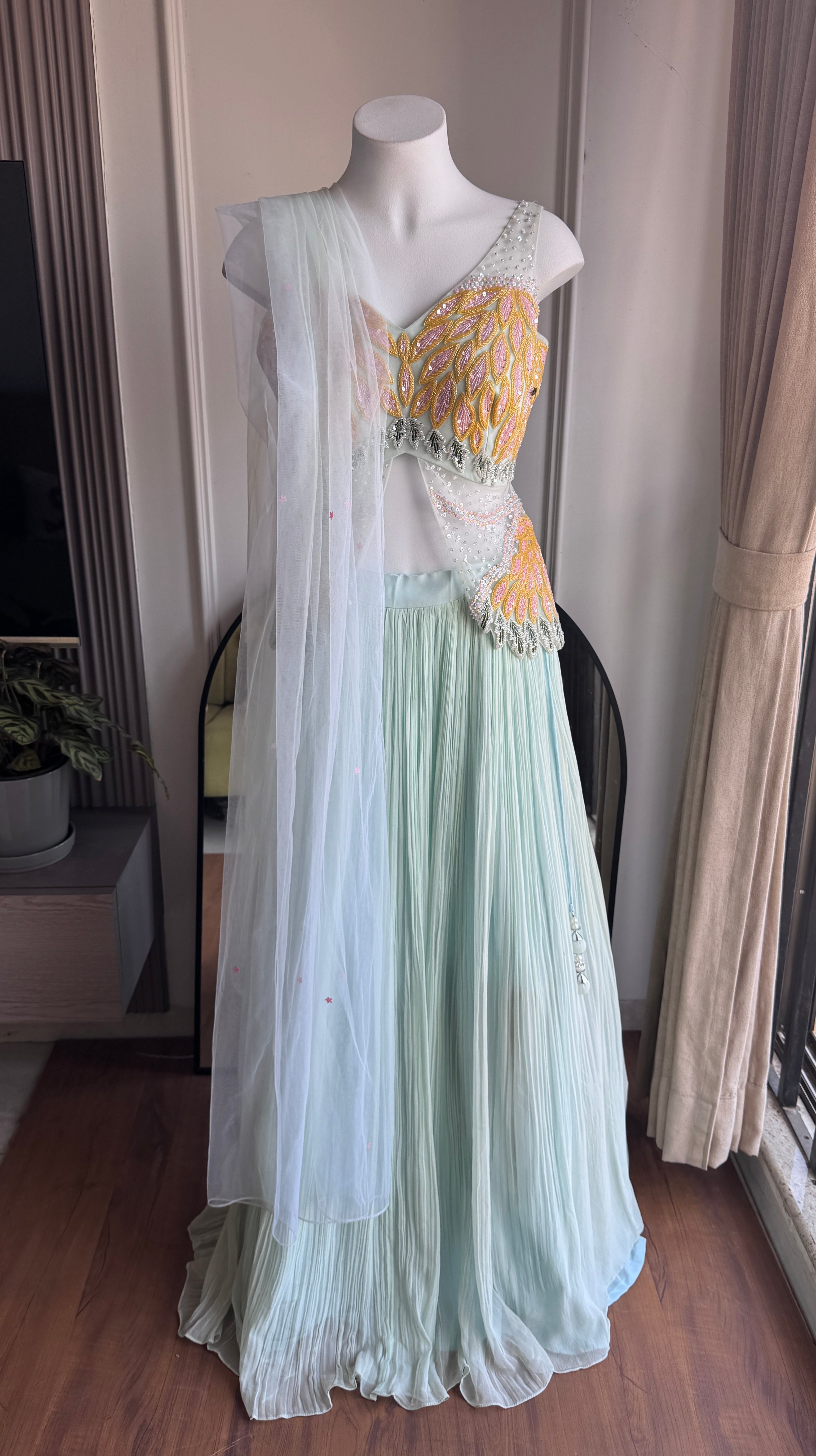 Sahiba hand work lehenga- Dusty Blue