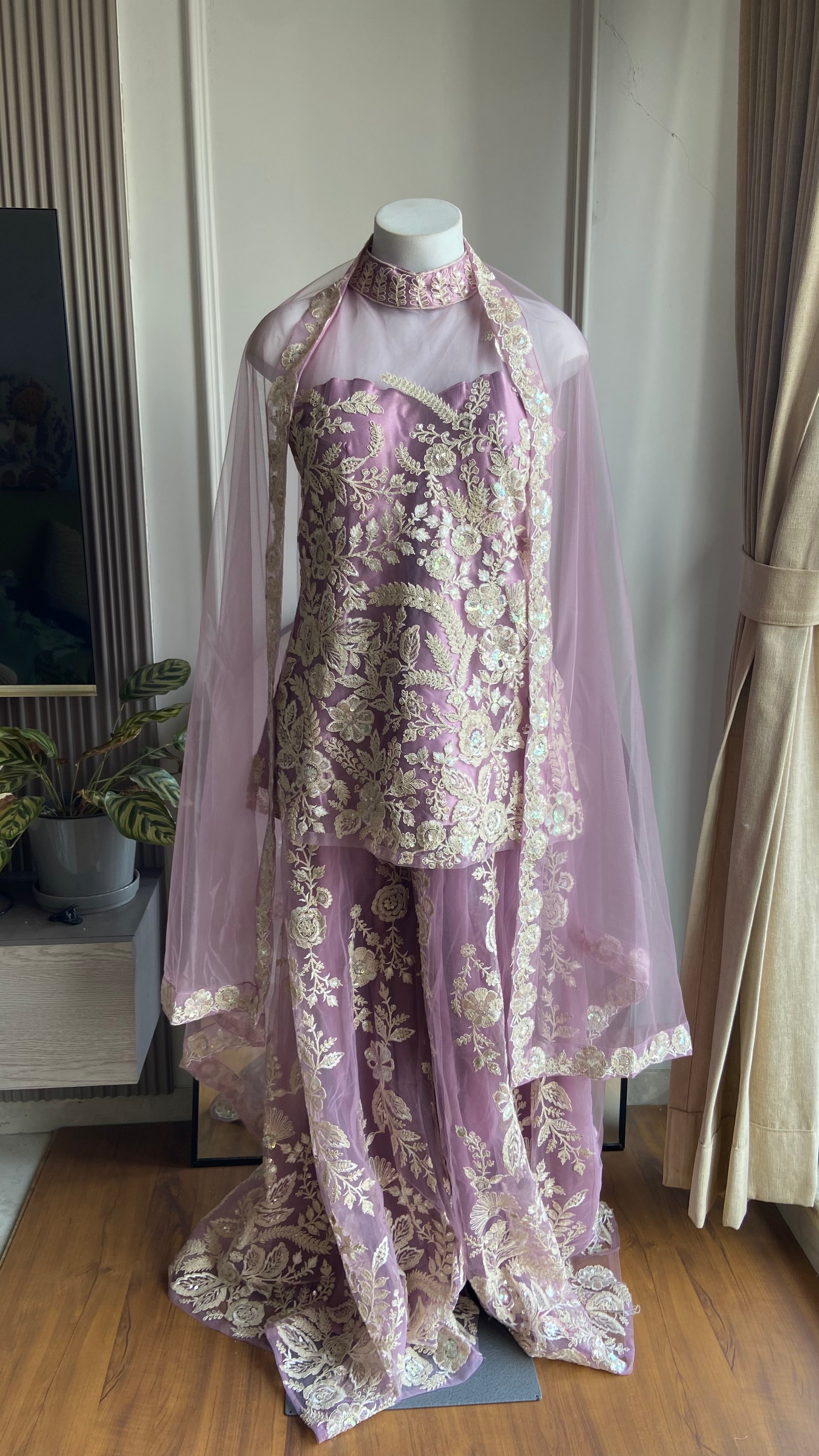 Maheen net plazzo sut with cut bead work