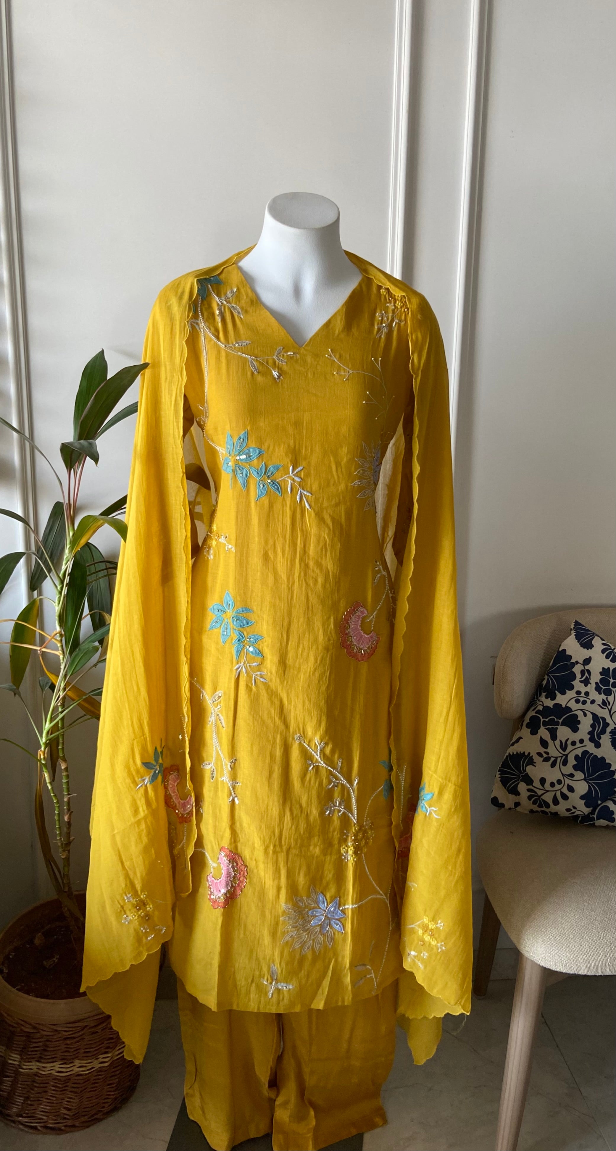 Taniya v neck gotta patti dress- Yellow