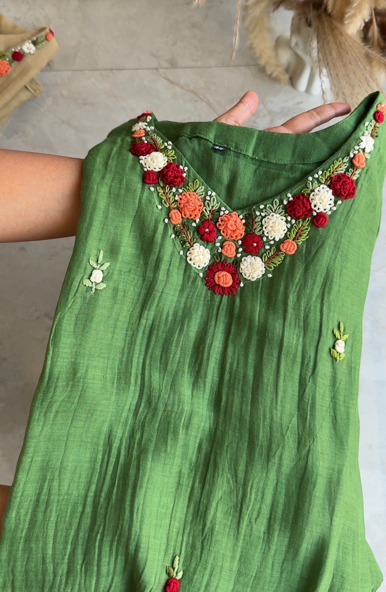 Chandrika Katha Work Mul Chanderi Dress- Green (Make to Order)