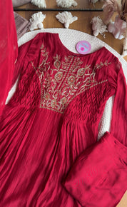 Sanjana Mul Chanderi Handwork Anarkali - Maroon