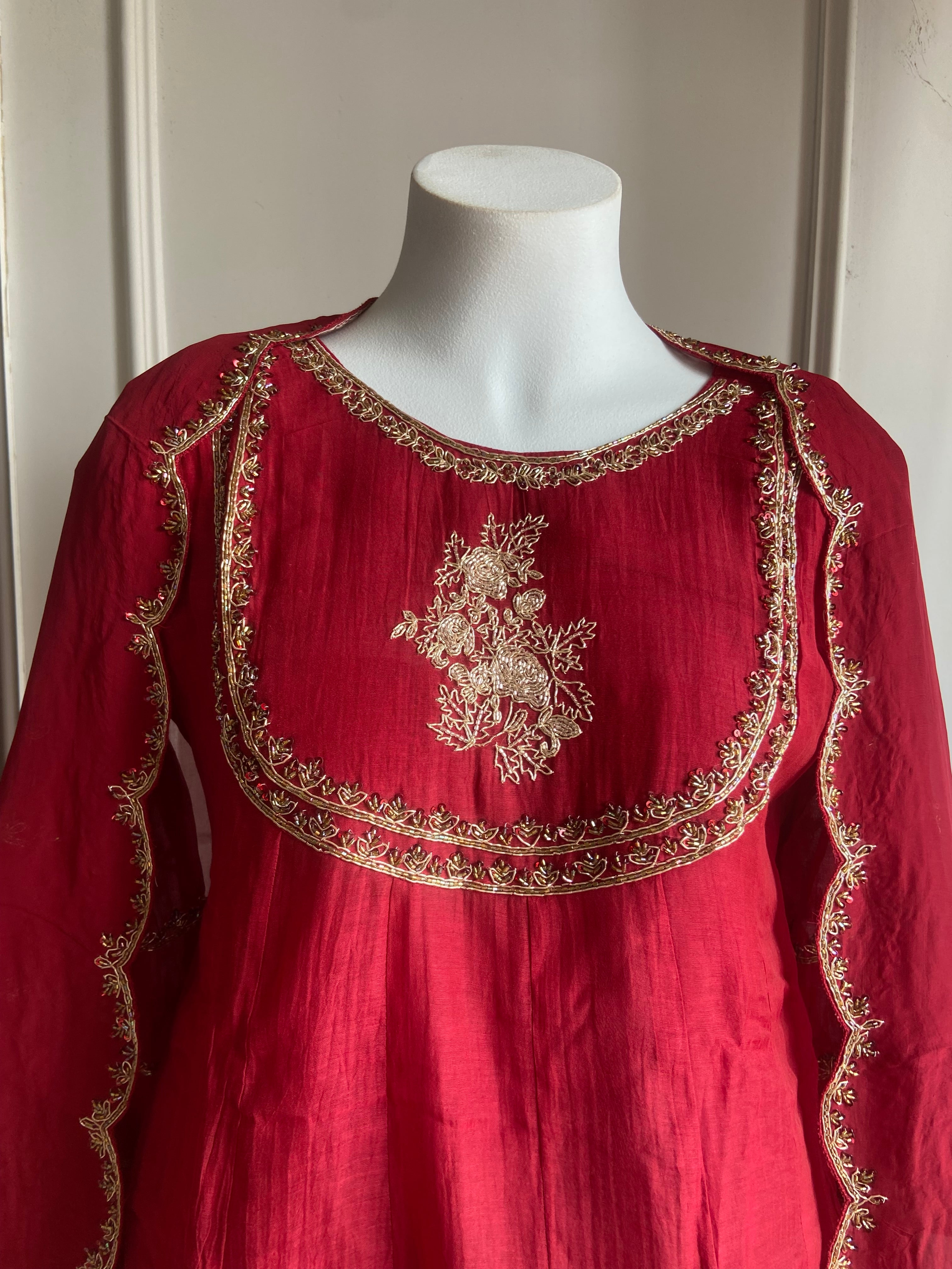 Sara Mul Chanderi Handwork Dress- Red(Preorder 5 days )
