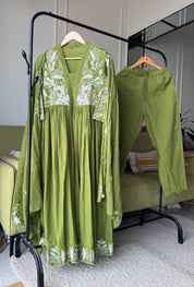 Urmi Embroided Cotton Dress- Green