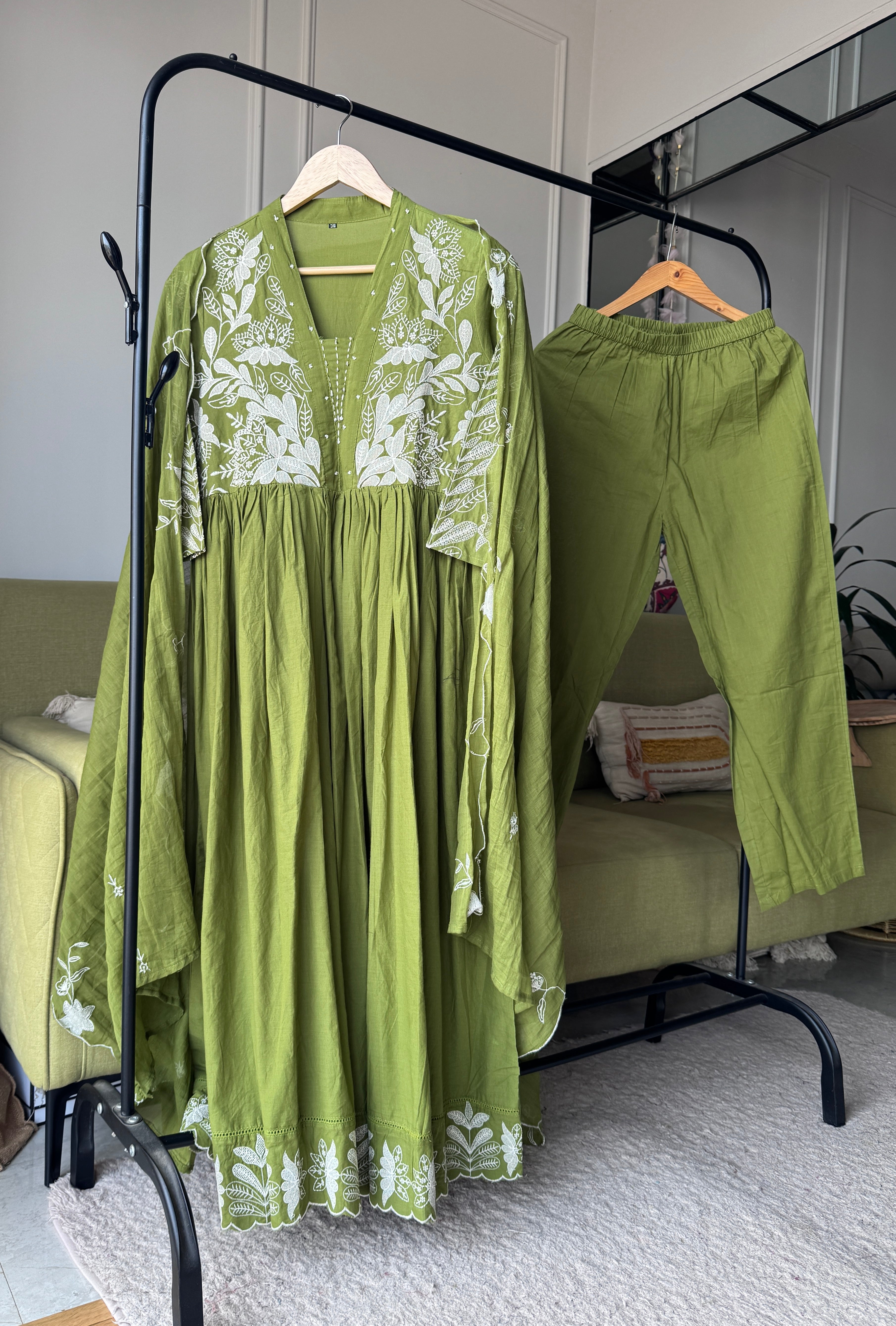 Urmi Embroided Cotton Dress- Green