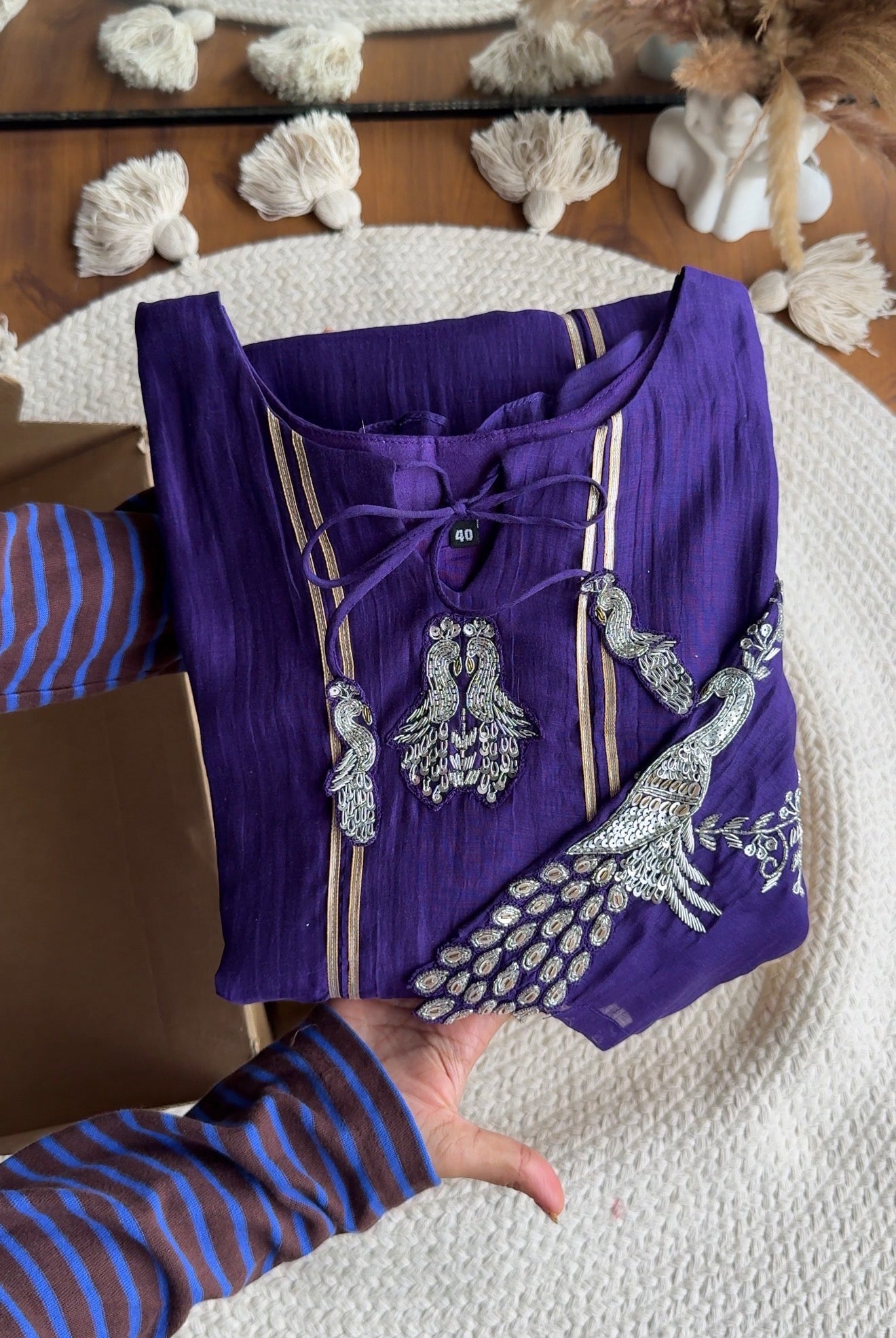 Sona Hand Work Mul Chanderi Dress- Purple (Make to order)