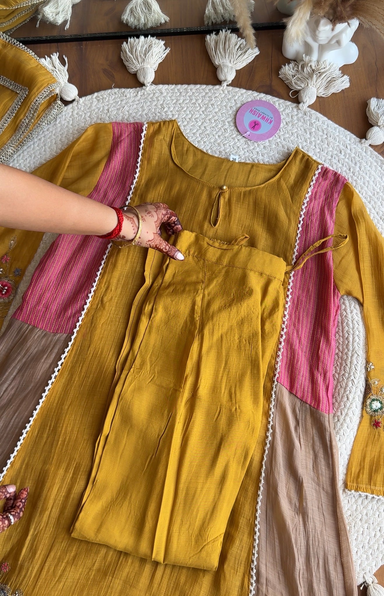 Geet  Contrast Panel Embroidered Dress-Yellow