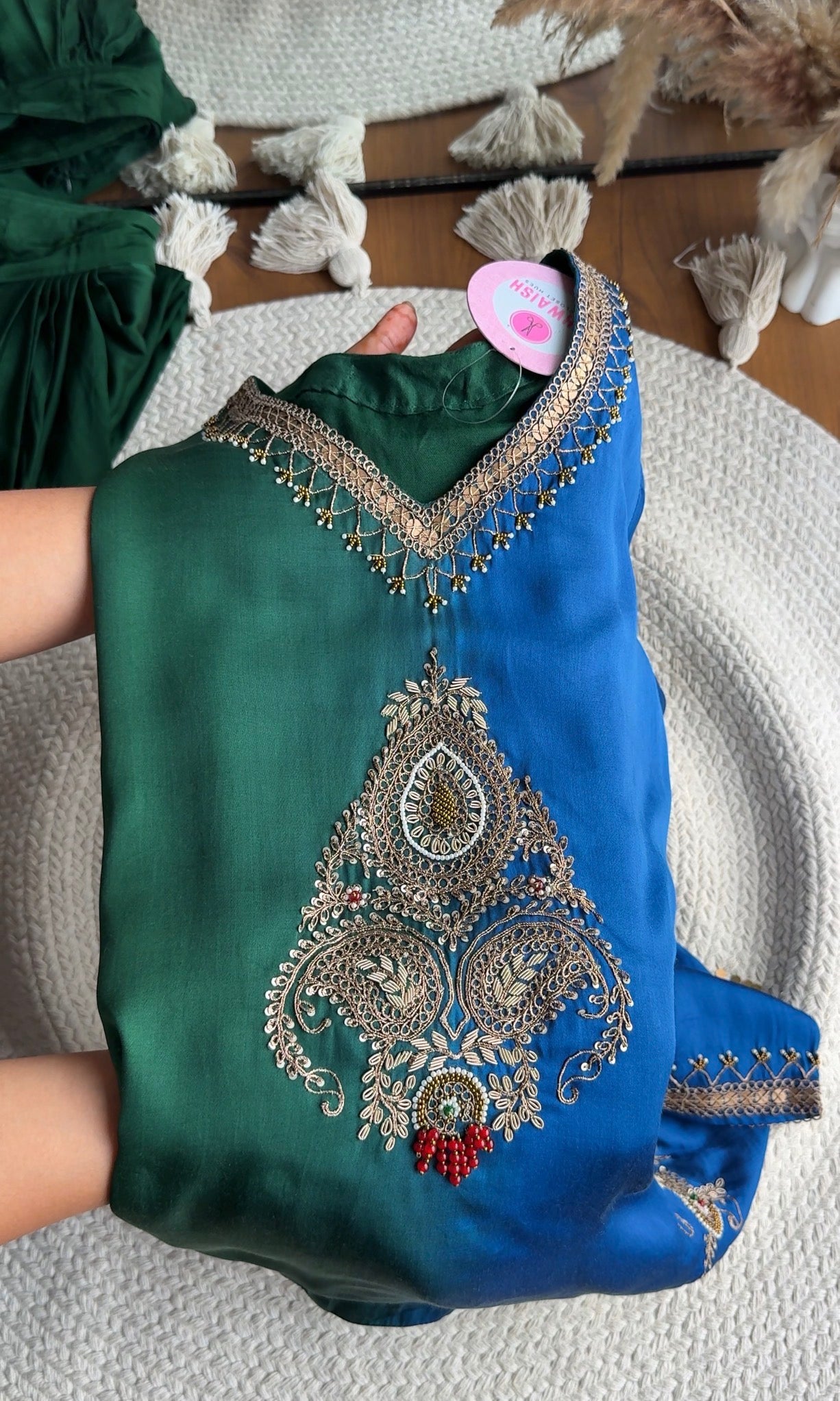 Radhika Hand Zardoshi Short Kurta With Dhoti Skirt- Blue with Green
