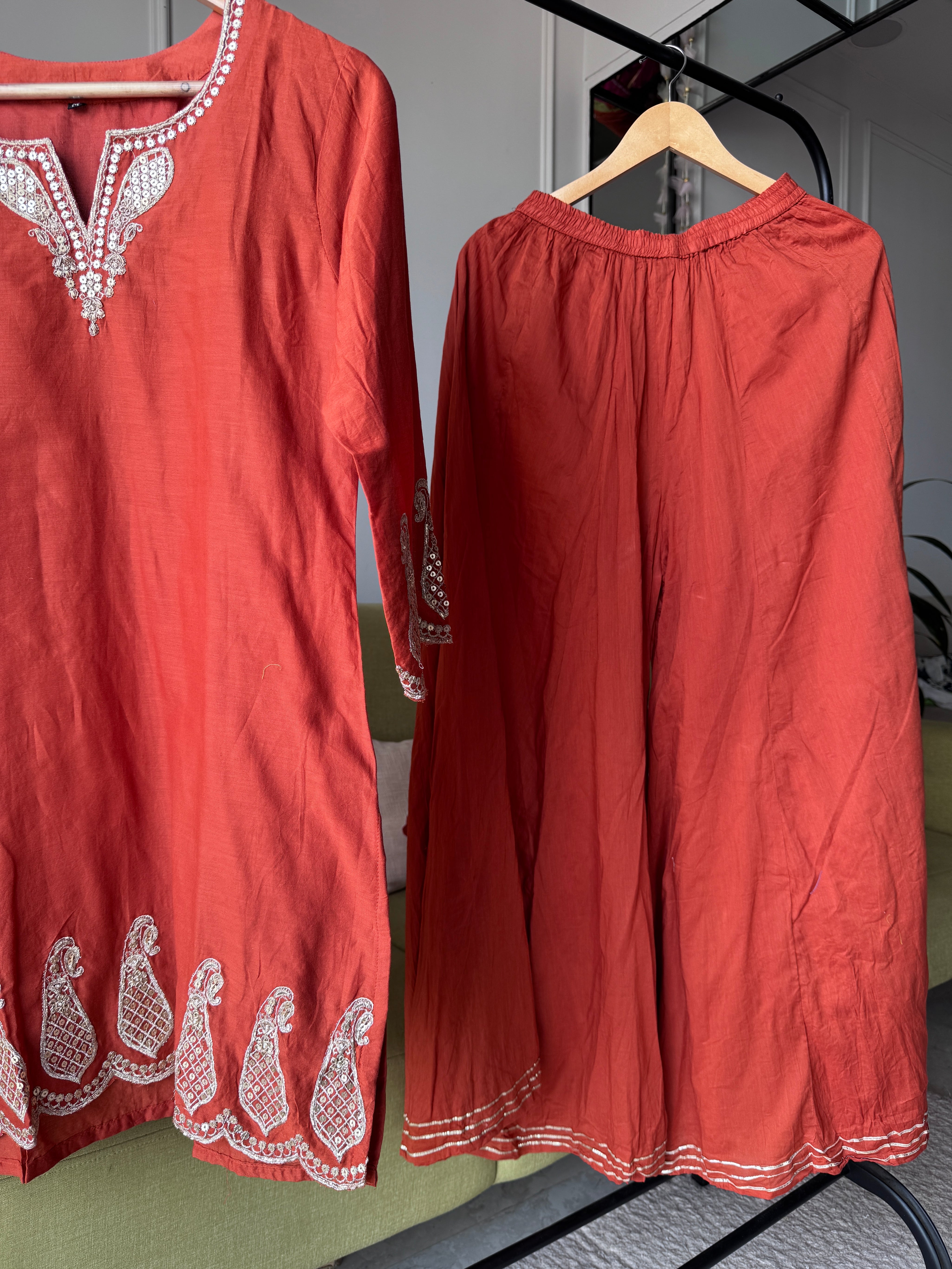 Priya Short Kurta Sharara Dress- Rust