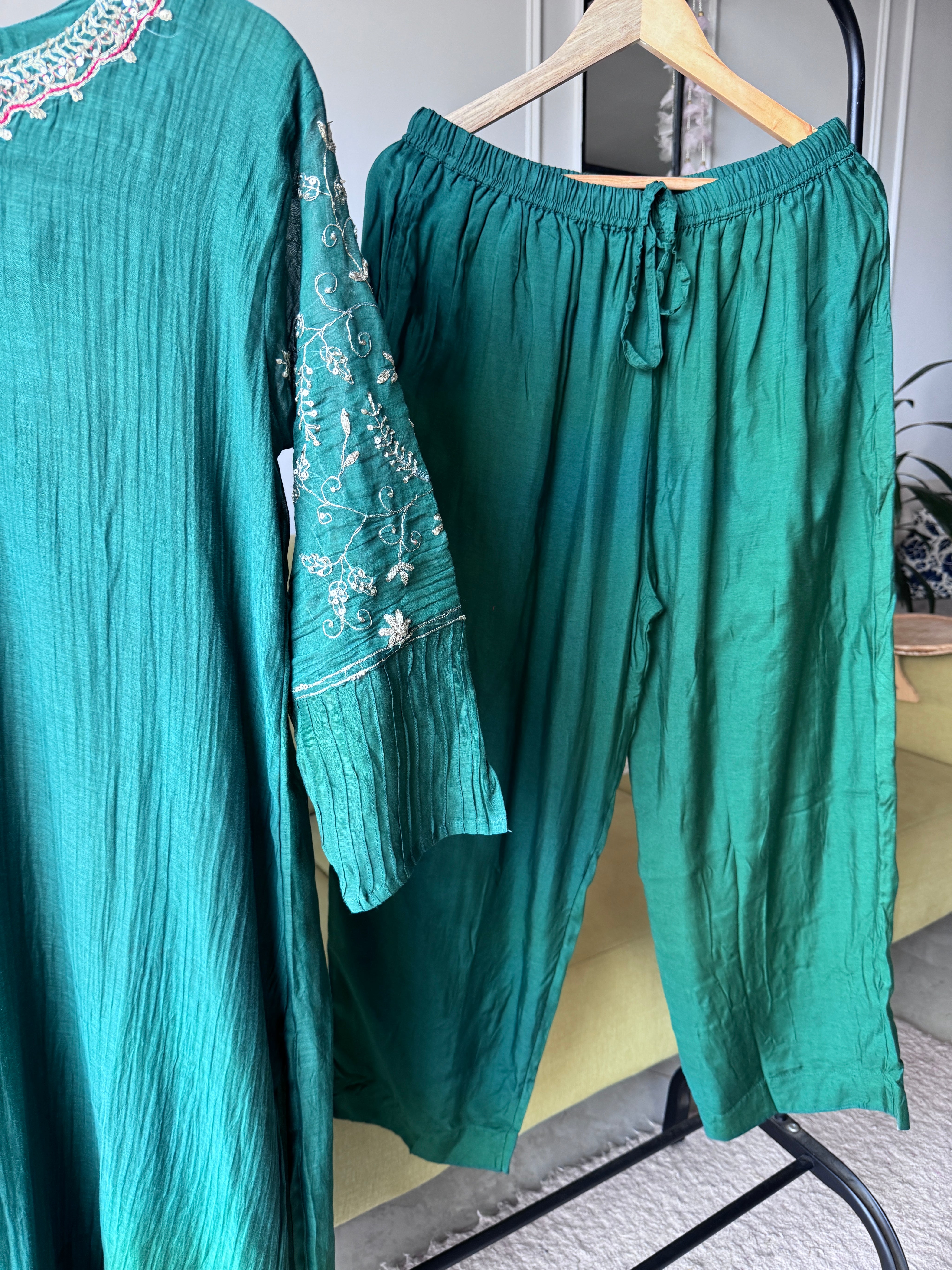 Megha Handwork Mul Chanderi Dress- Green