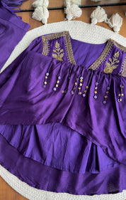 Natasha  deep purple satin embroidered v-neck short  tunic paired with matching dhoti