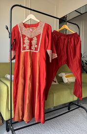 Twinkle Handwork Mul Chanderi Dress- Rust