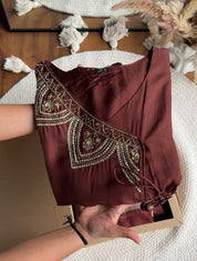 Aditi Short Kurta Hand Work Angrakha Dress-Brown