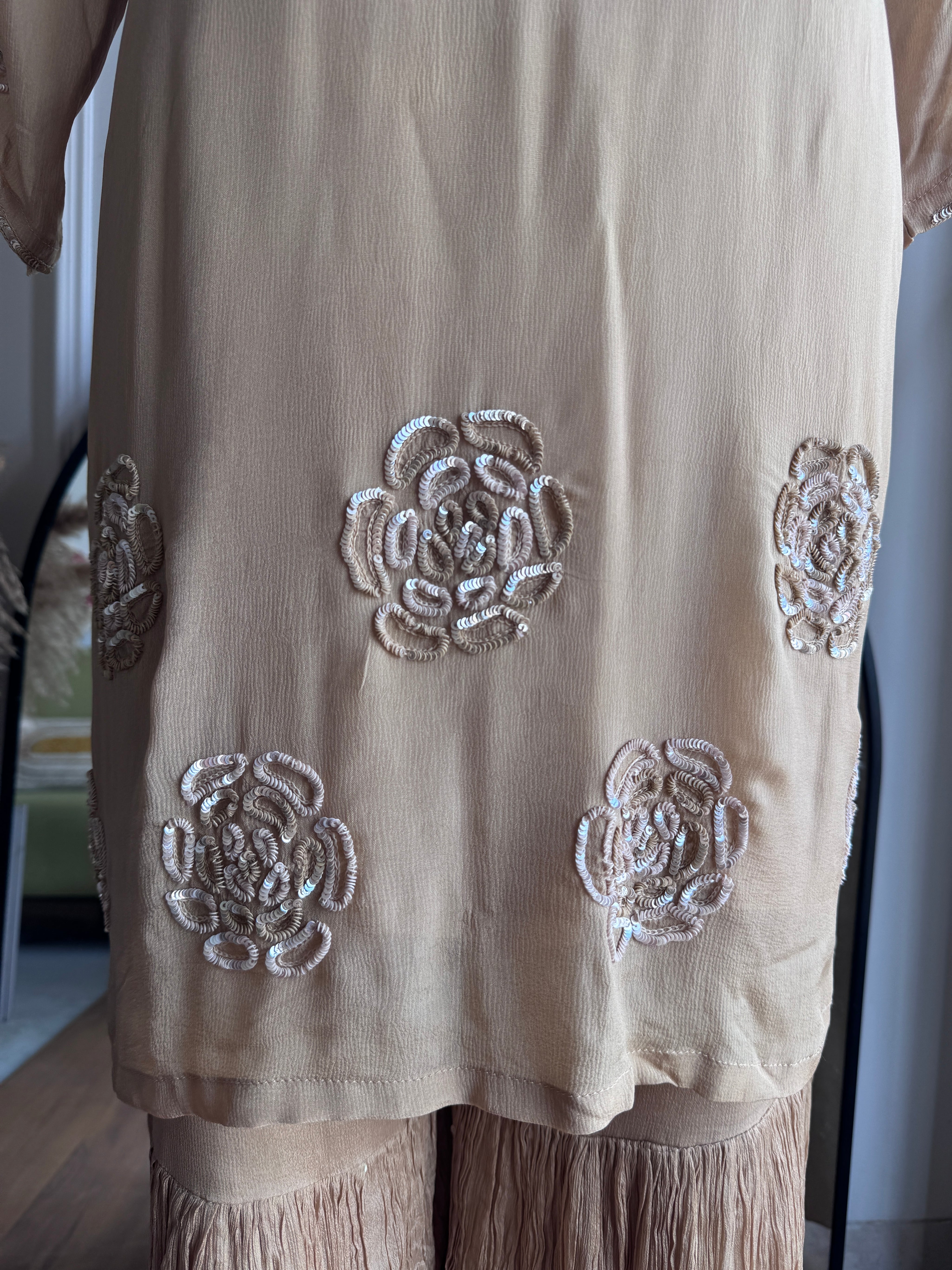Esha Handwork Short Kurta Sharara Dress-Beige (Make to Order)