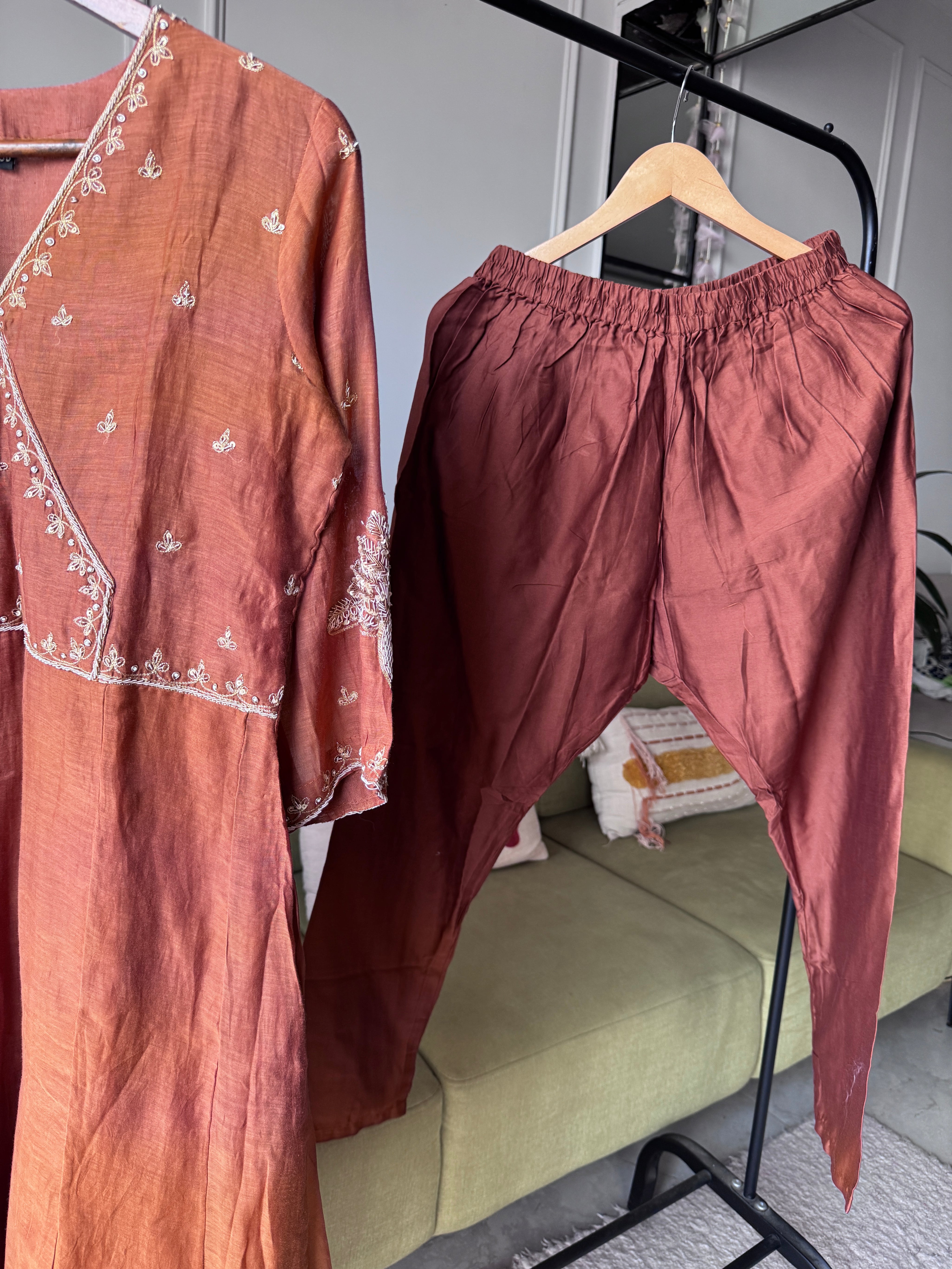 Kiran Handwork Mul Chanderi Anarkali Dress- Rust