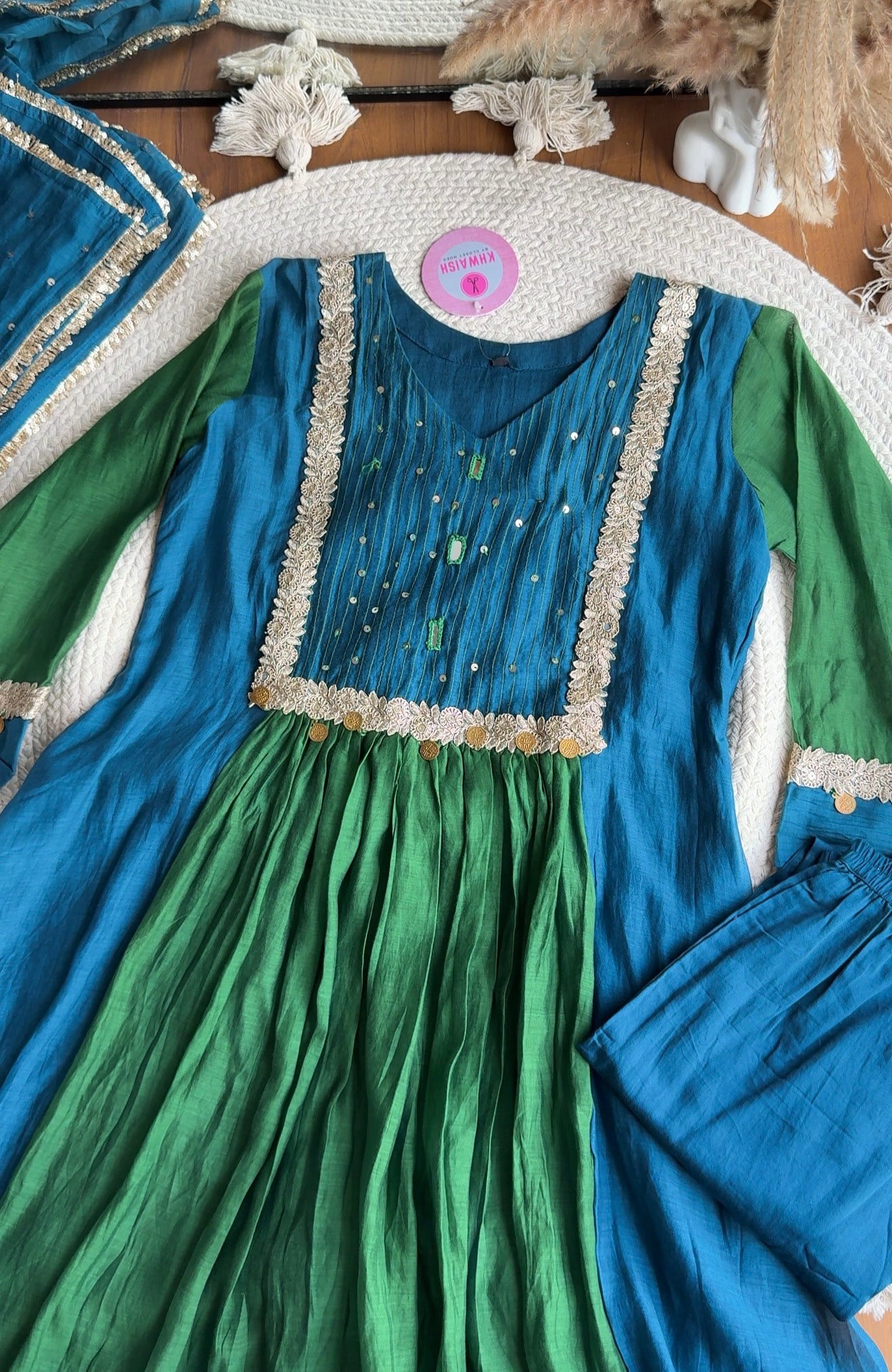 Priya Dual Tone Dress- Blue with Green