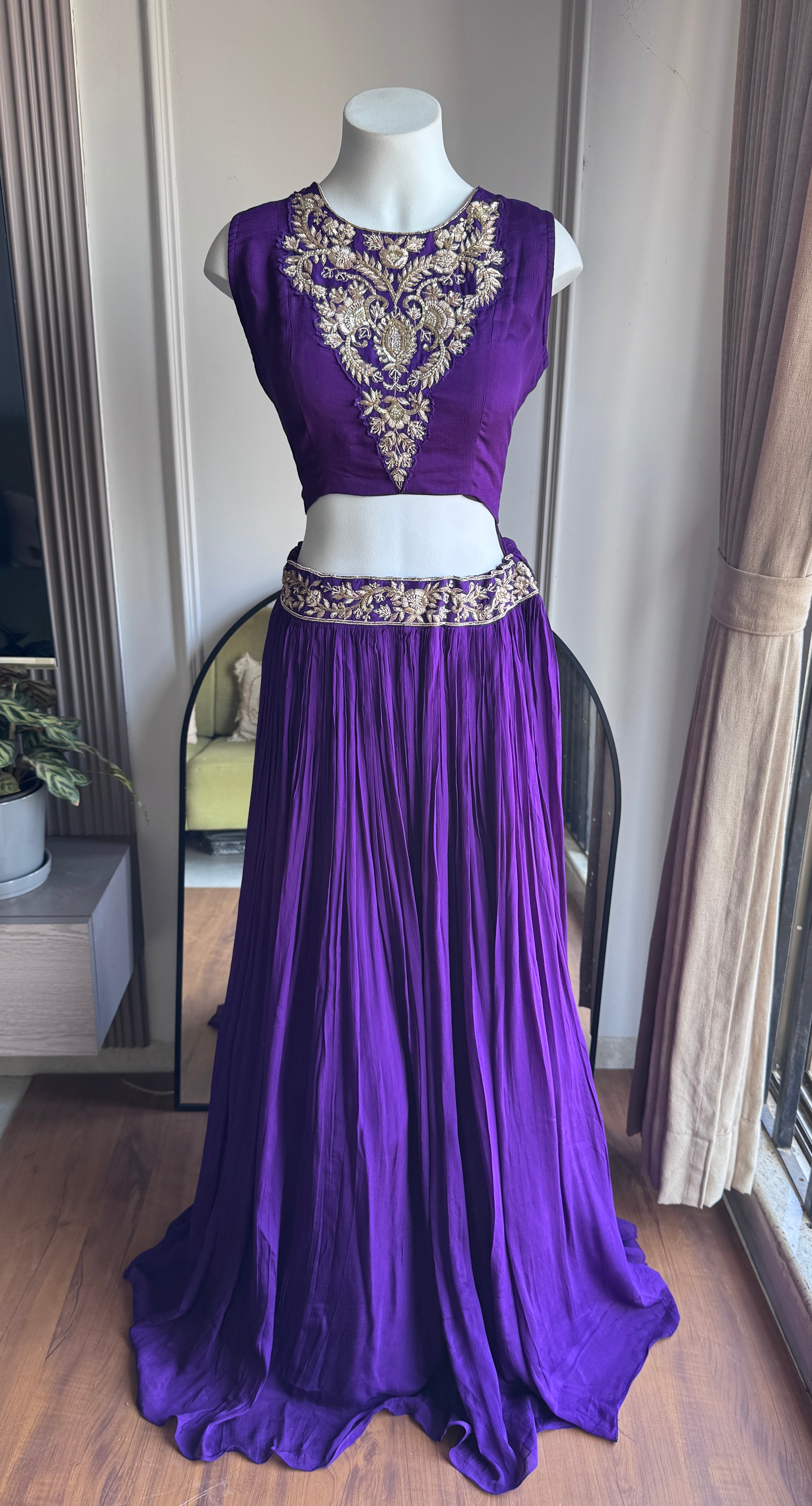 Sita Hand work padded blouse with cancan Lehenga and cover up - Purple (Make to Order)