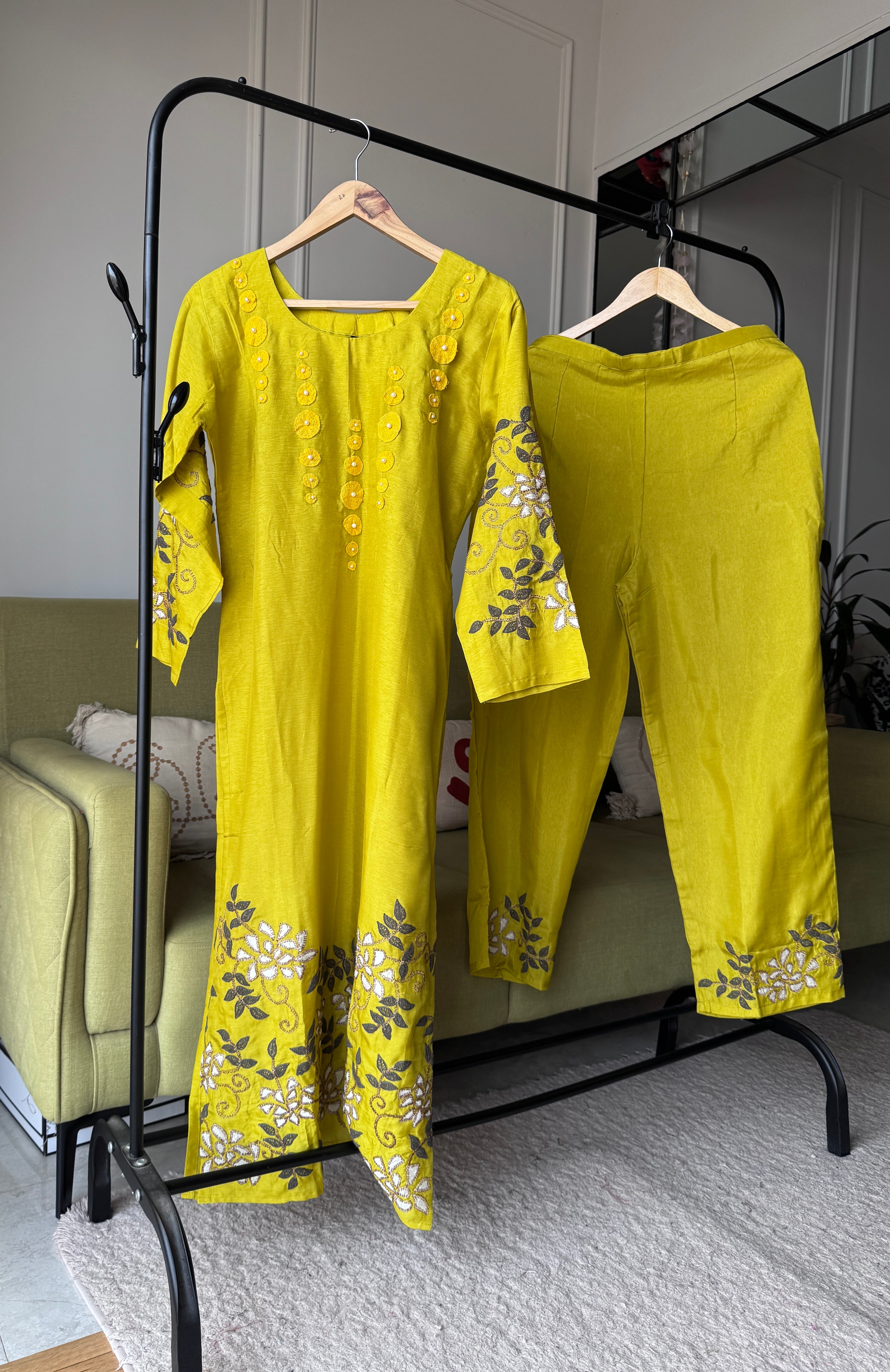 Meenal Handwork Russian Silk Dress- Yellow