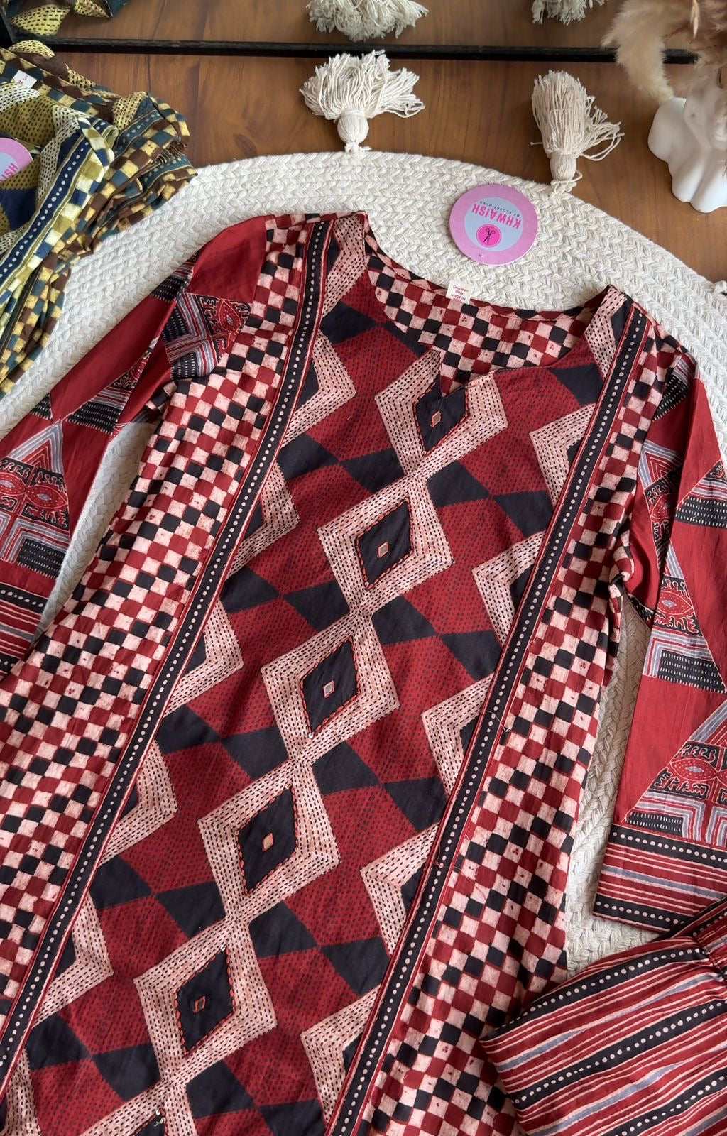 Heer Chequered Cotton Dress-Brick Red