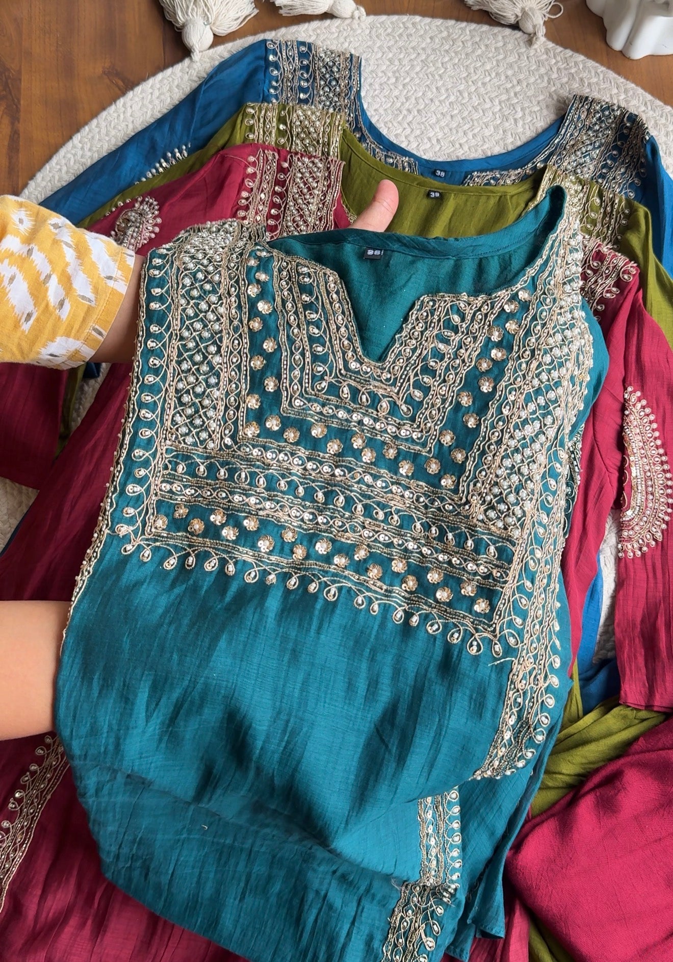 Twinkle Hand Work Mul Chanderi Dress- Green