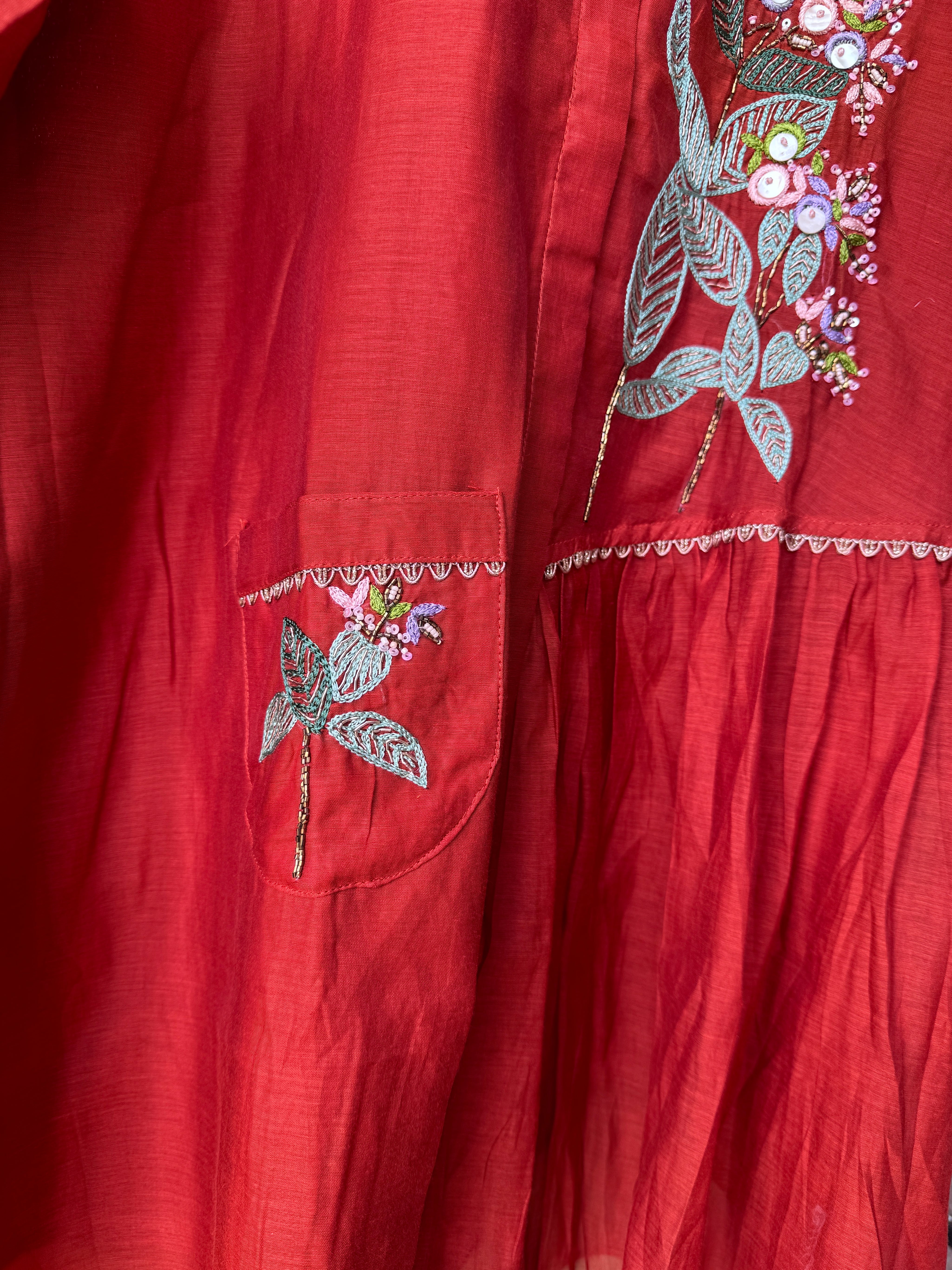 Kiki Handwork Mul Chanderi Coord Set- Rust